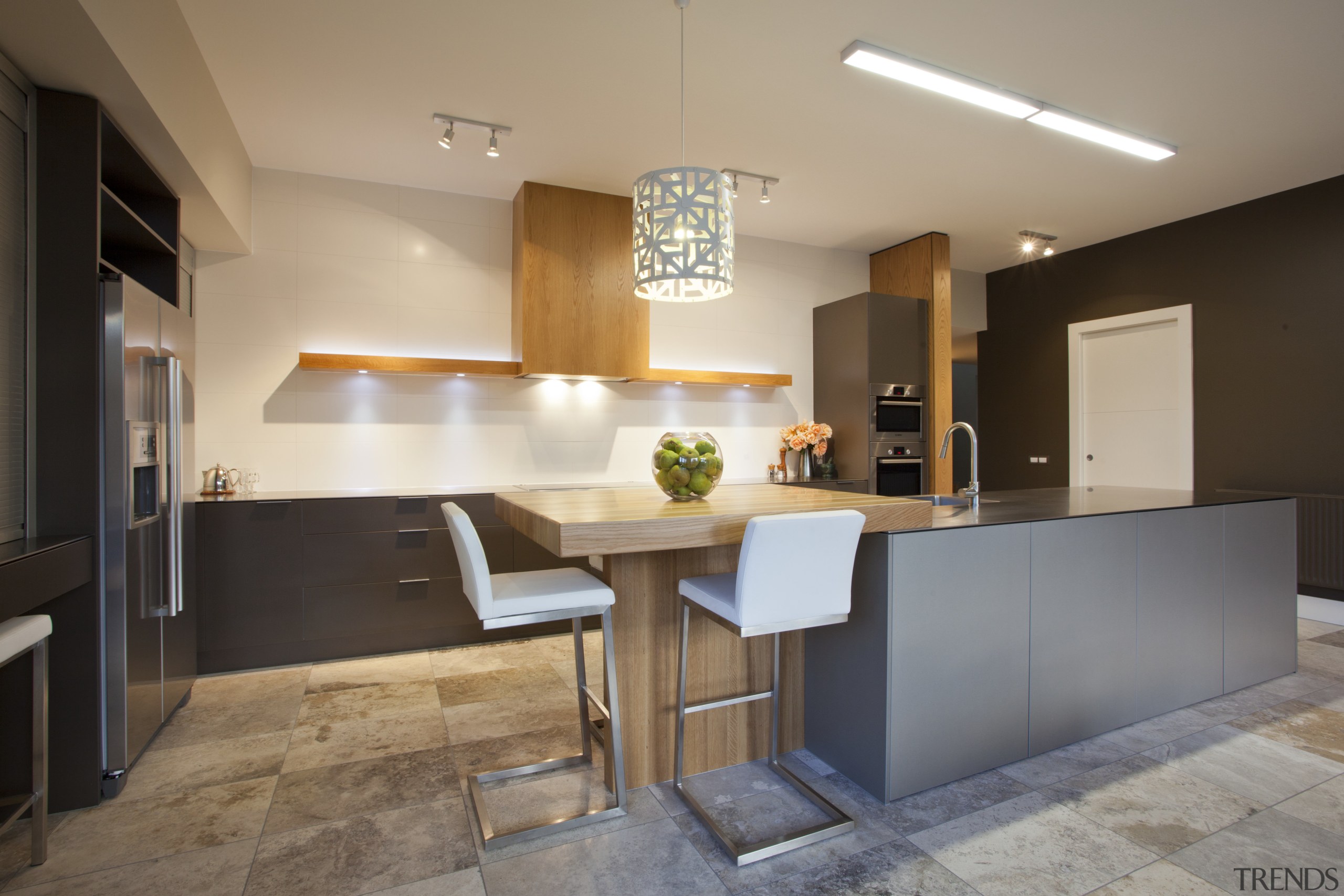 stainless steel appliances and benchtops. Wooden bar top architecture, cabinetry, countertop, cuisine classique, interior design, kitchen, real estate, room, table, gray