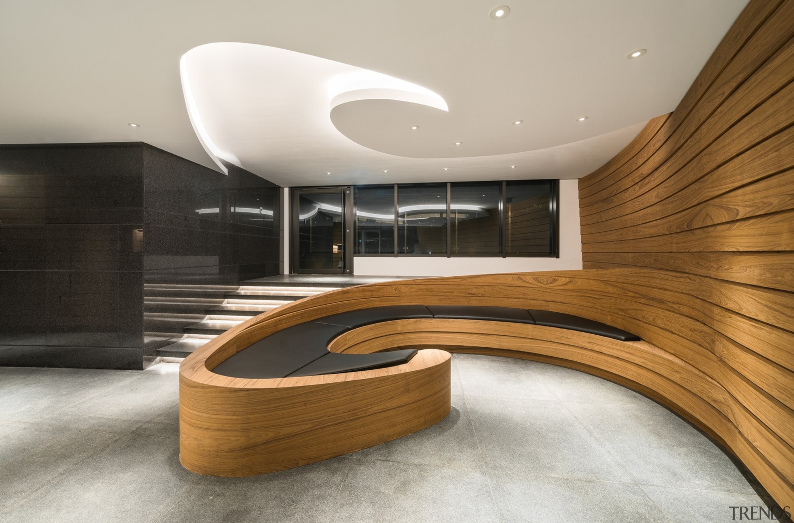 Efficient, interactive and healthy office spaces are planned architecture, building, ceiling, design, floor, flooring, furniture, interior design, plywood, room, stairs, wood, gray