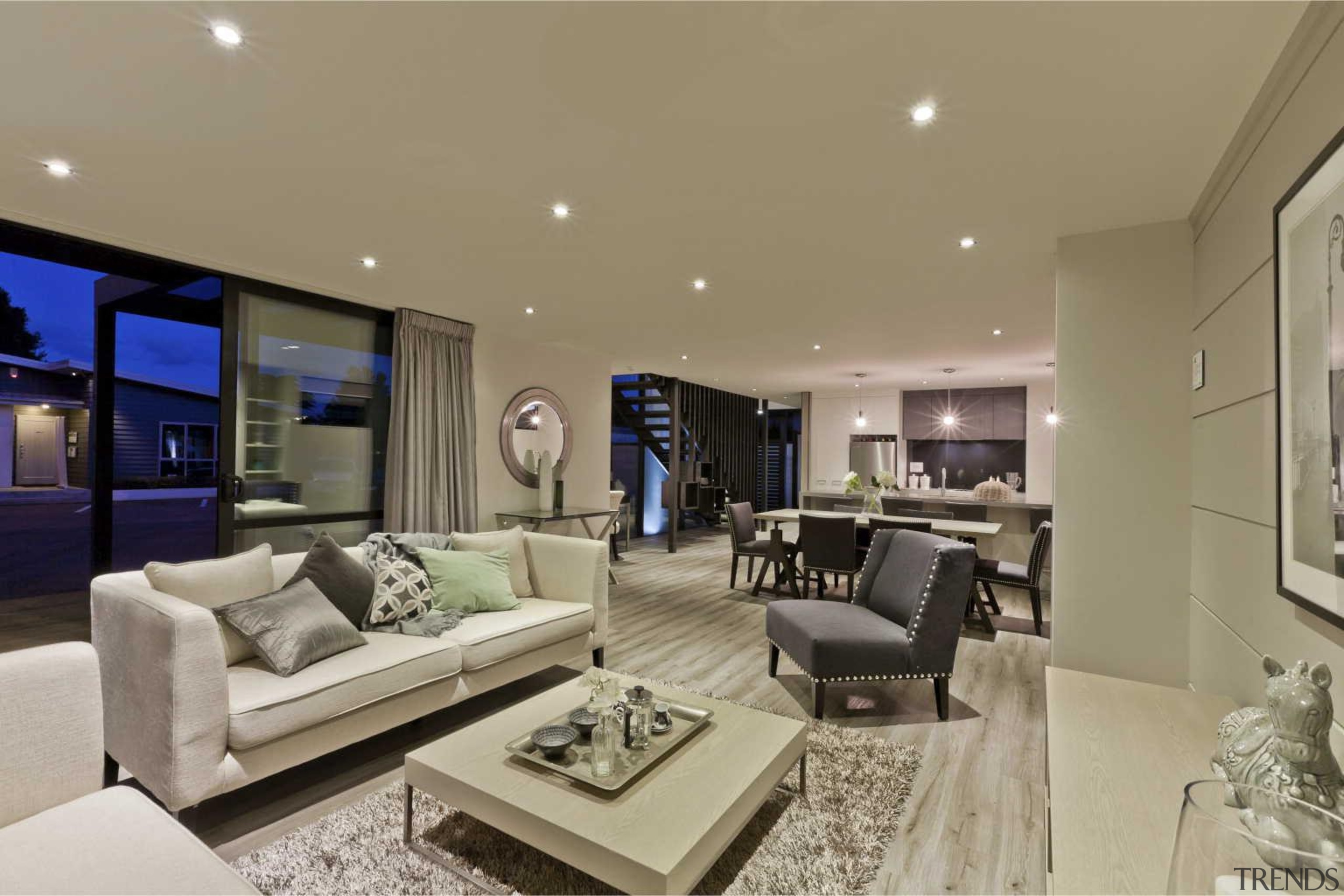 Open plan living room by Yellowfox - Living ceiling, estate, home, interior design, living room, property, real estate, room, brown