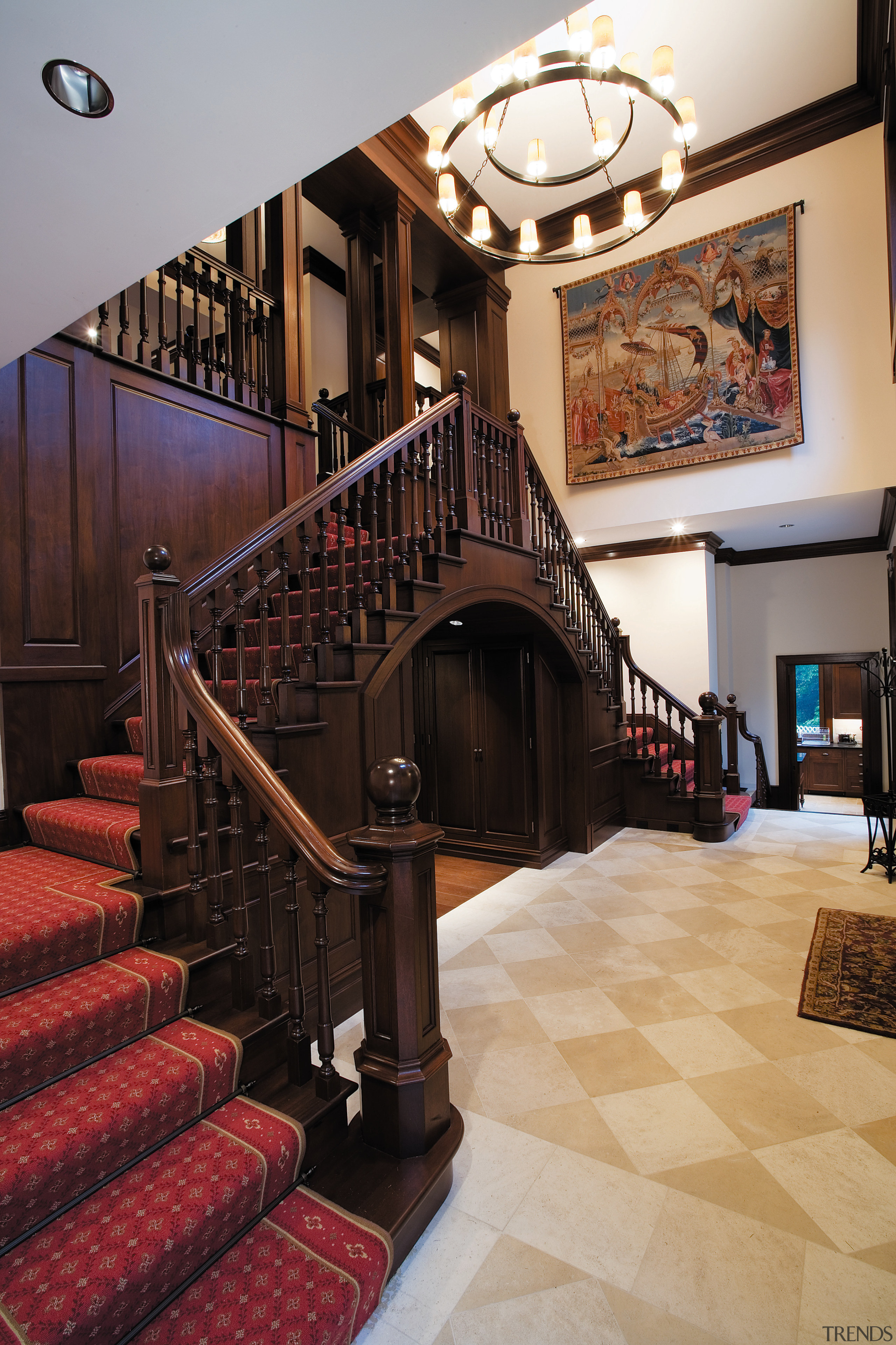 view of the symetrical double staircase with vaulted estate, floor, flooring, handrail, home, interior design, living room, lobby, stairs, black, gray