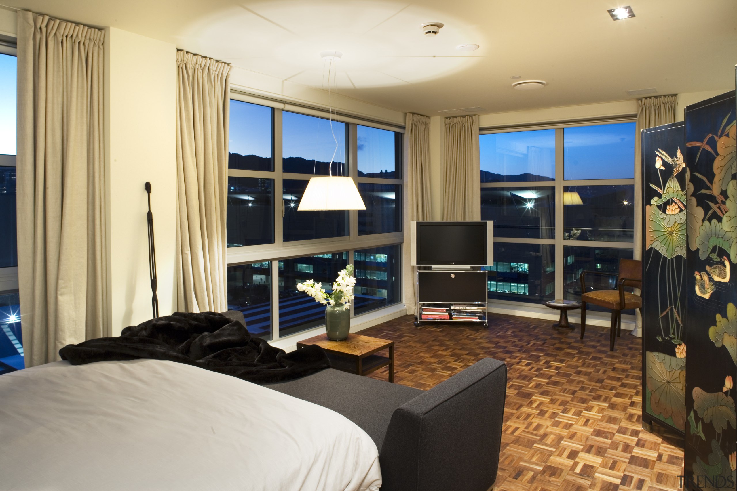 A view of the master bedroom featuring bed, bedroom, interior design, property, real estate, room, suite, window