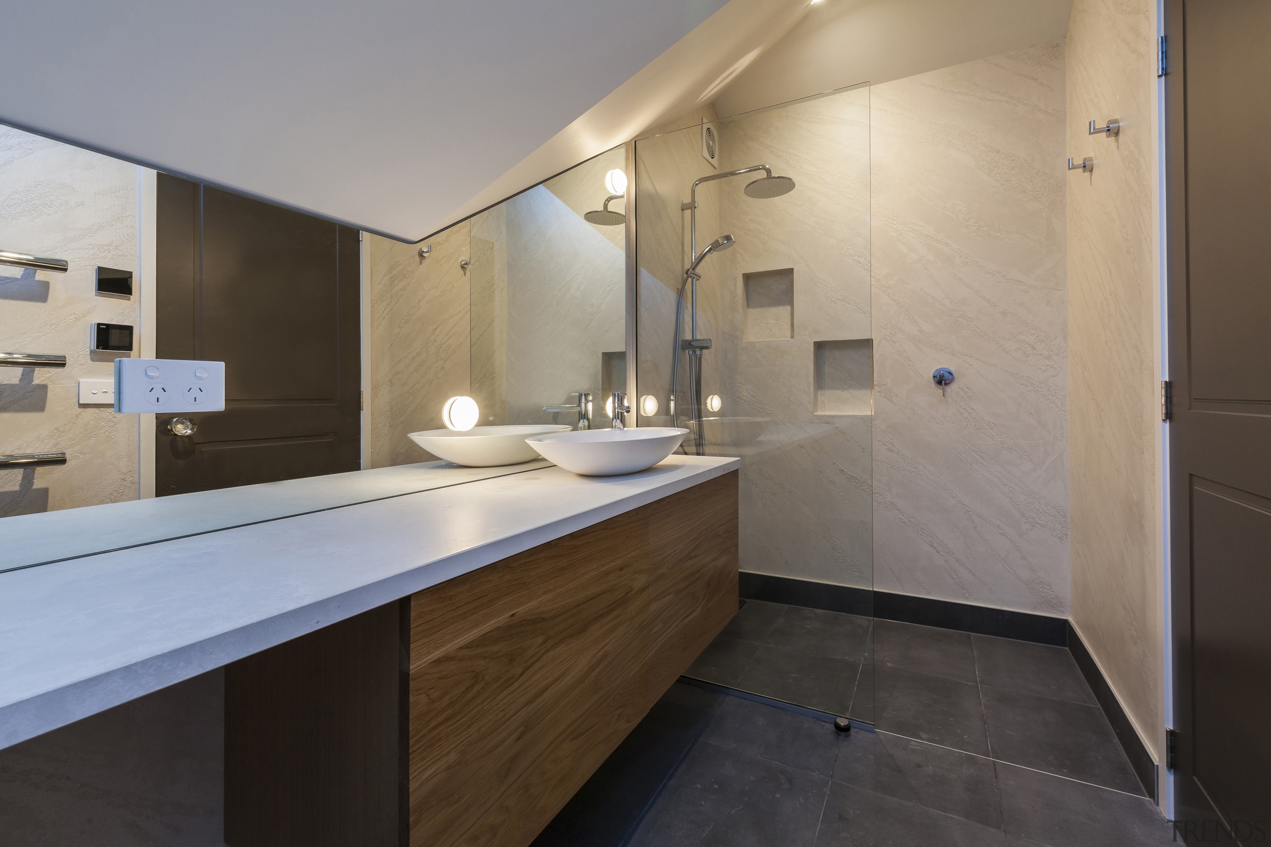 The contemporary family bathroom is informed by the 