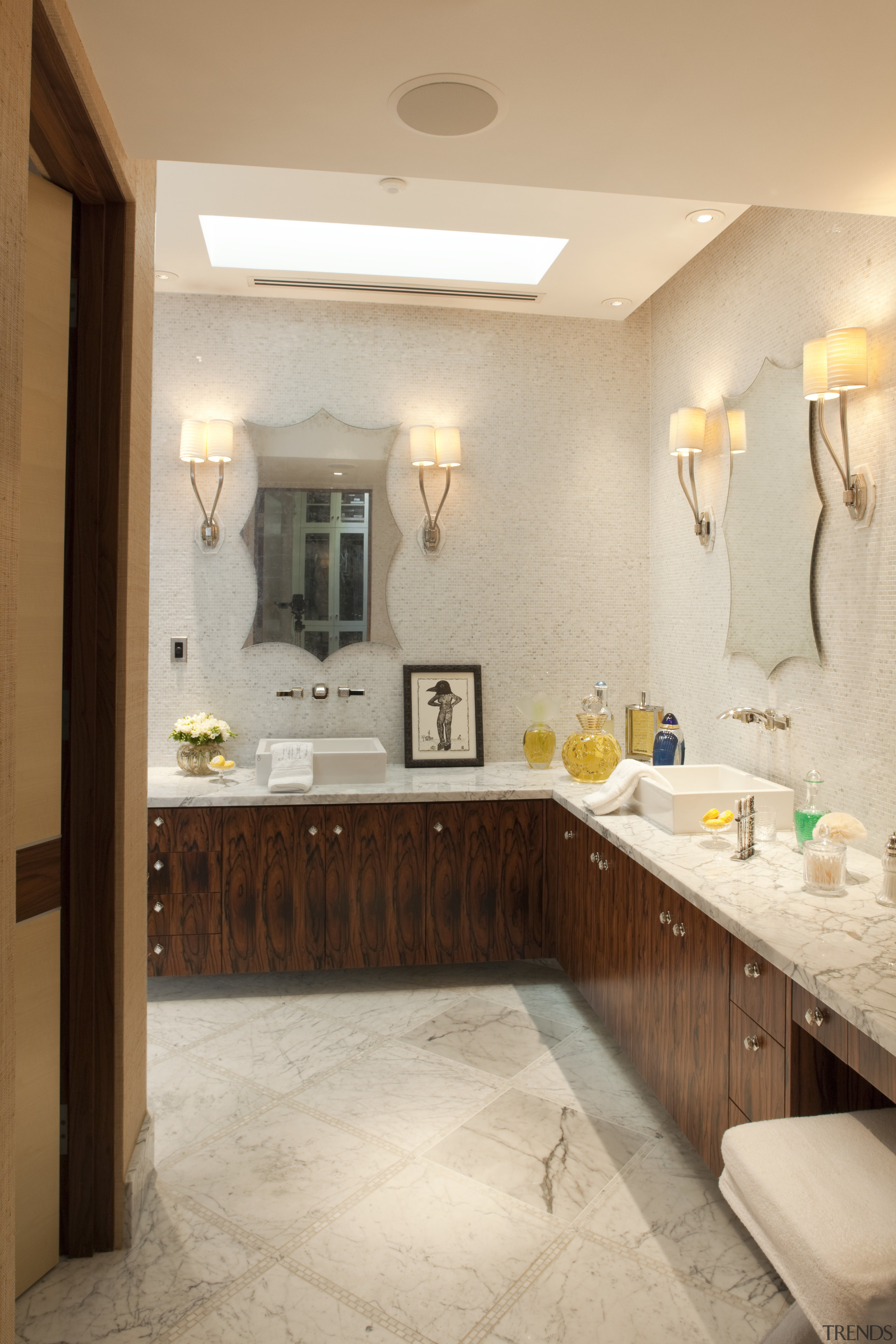 view of bathroom which features L-shaped vanity, cantilevered bathroom, ceiling, countertop, floor, home, interior design, kitchen, room, sink, orange, brown