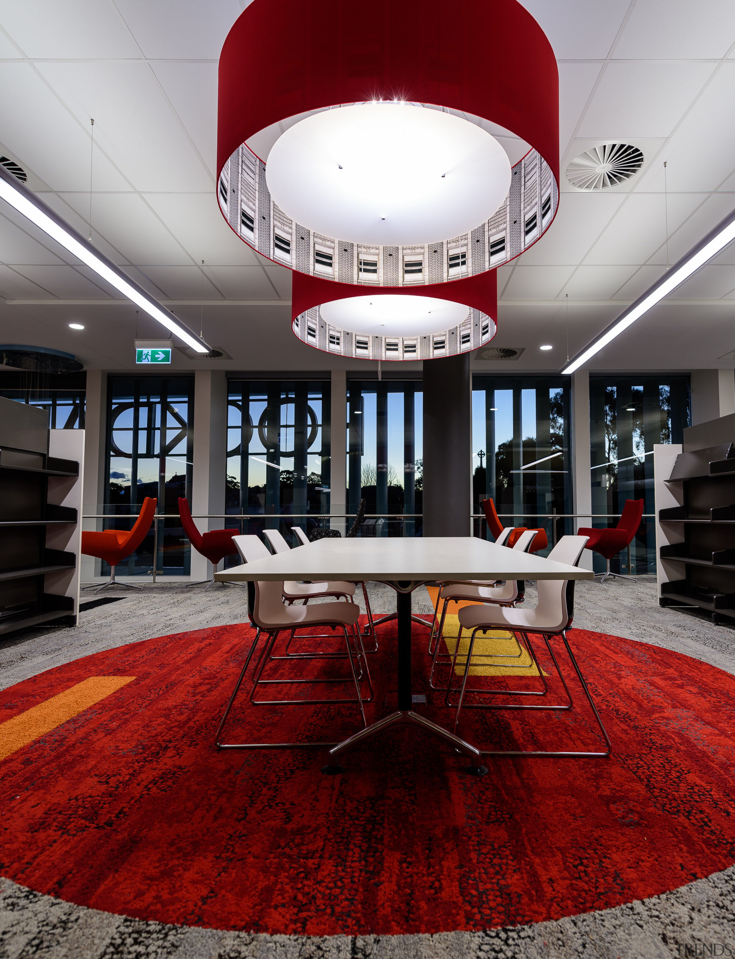 Meeting spaces are set towards the core of ceiling, interior design, red, gray