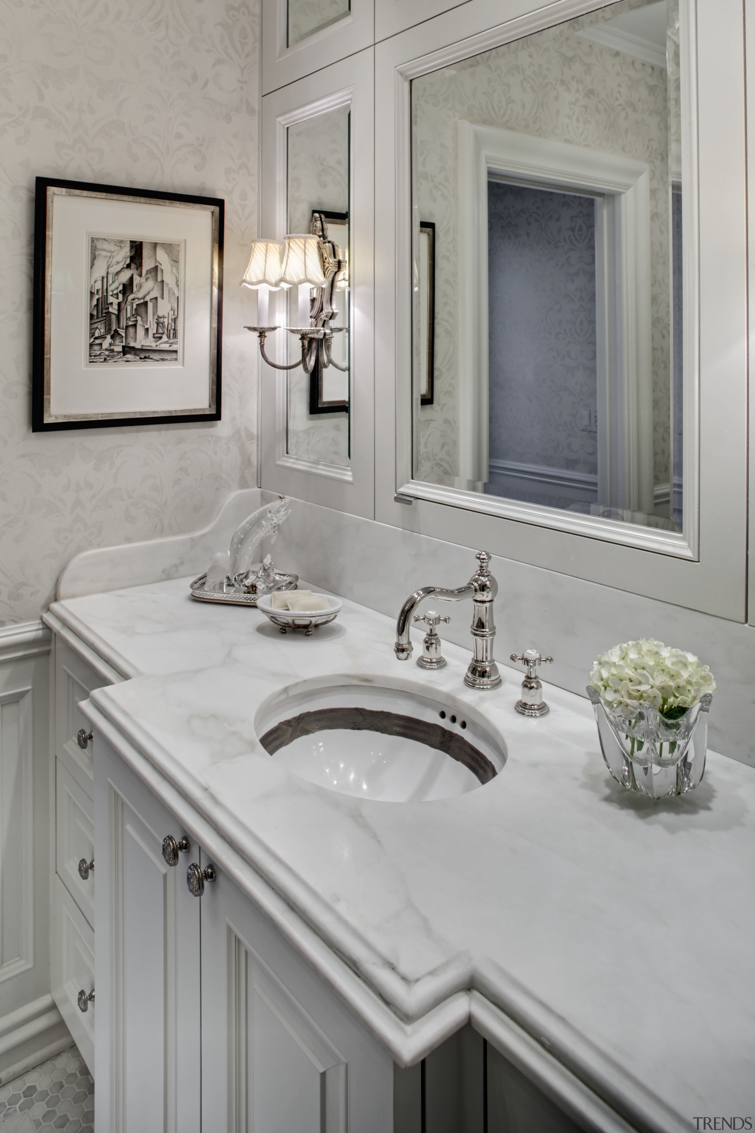 View of traditional-styled bathroom which features a custom bathroom, bathroom accessory, bathroom sink, cabinetry, countertop, floor, home, interior design, plumbing fixture, room, sink, tap, gray