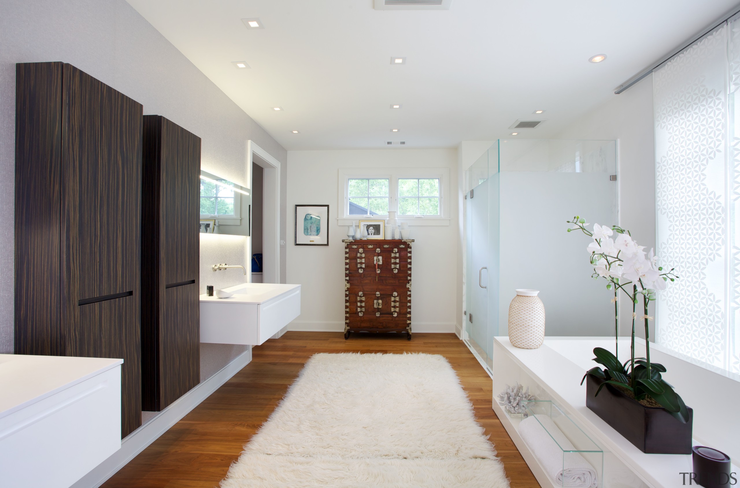 This master bathroom, designed by Nestor Santa-Cruz, continues bathroom, ceiling, floor, home, interior design, living room, real estate, room, white, gray