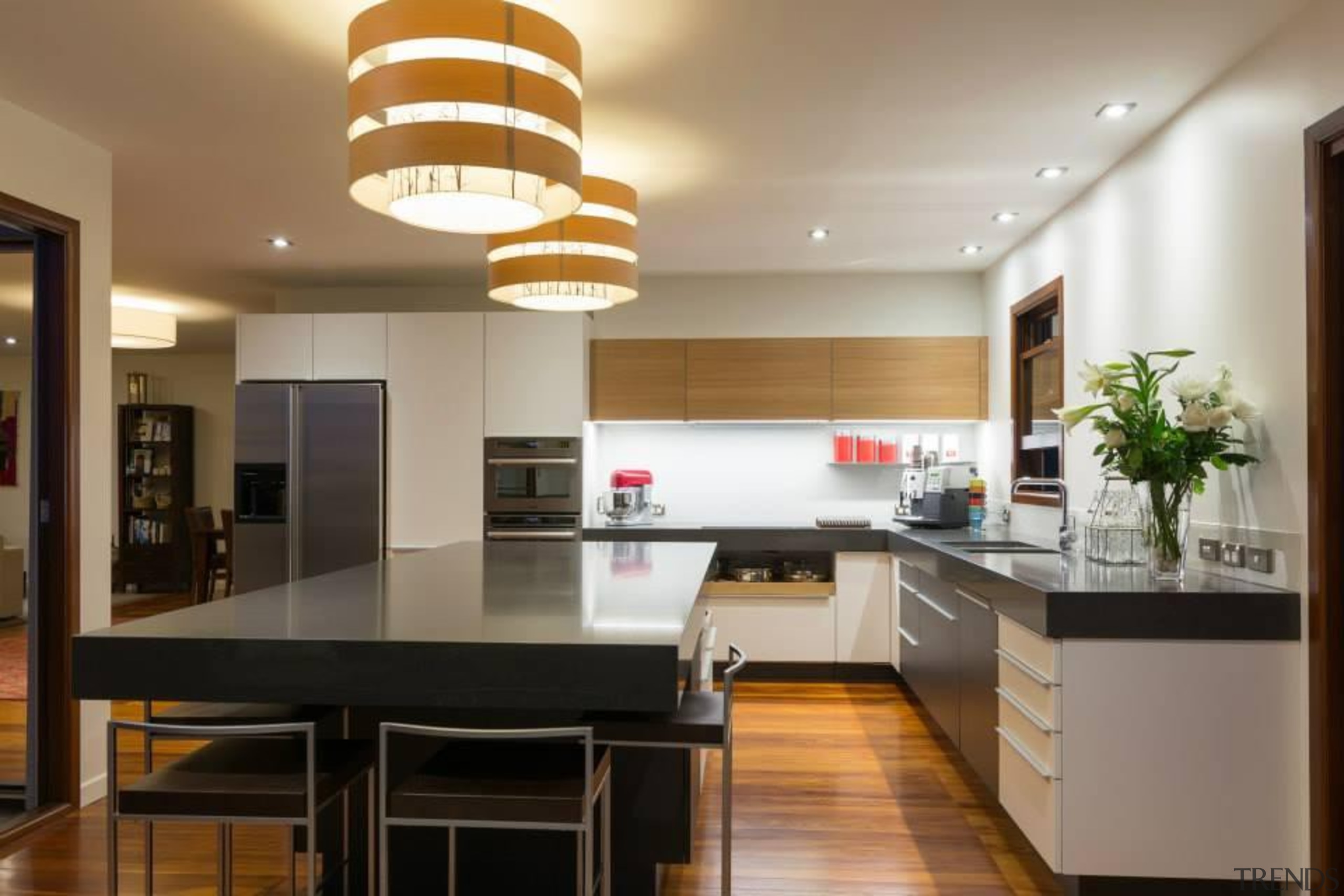 Straight on shot of this L shaped kitchen ceiling, countertop, interior design, kitchen, real estate, gray, brown
