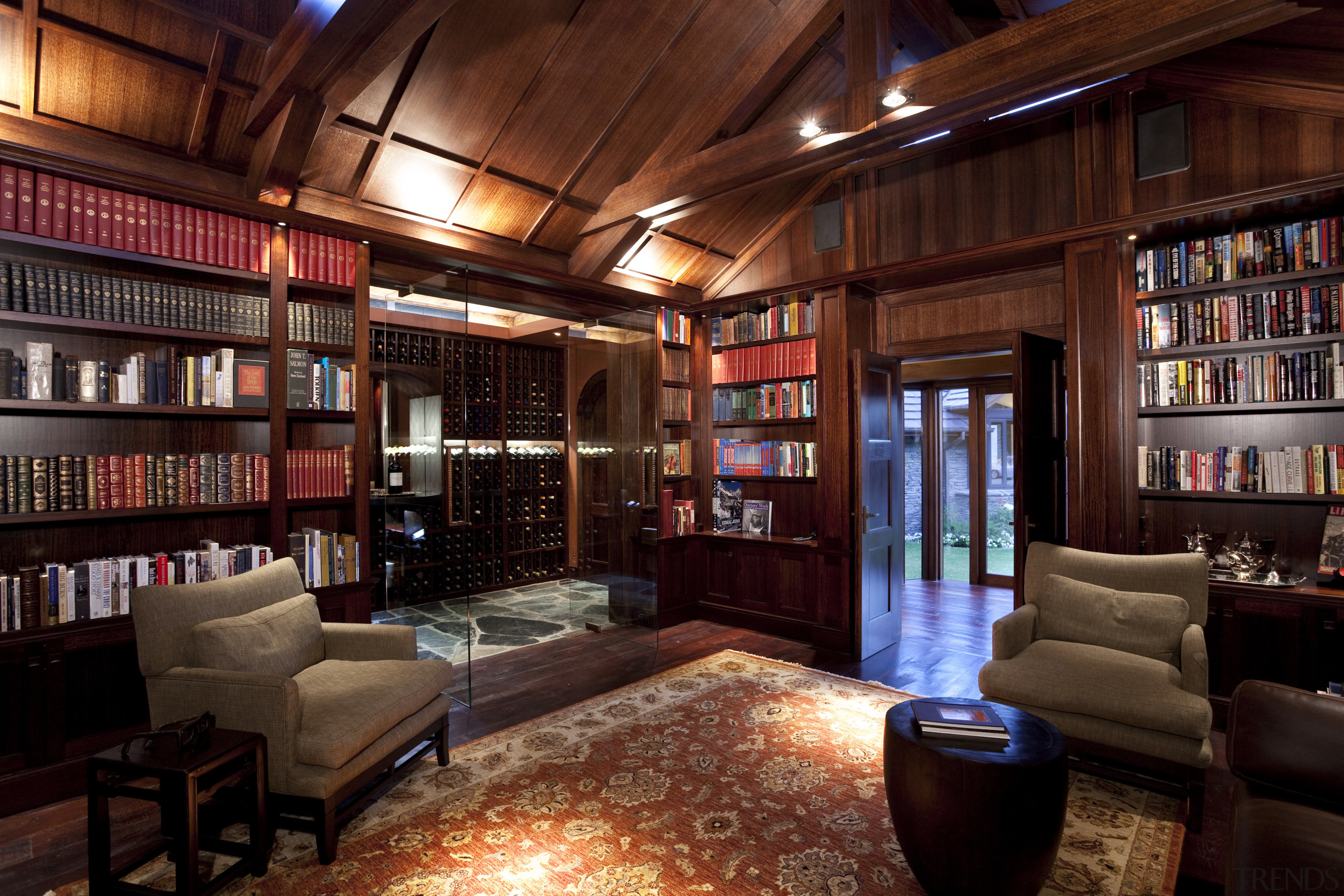 View of library room with wooden walls and bookcase, home, institution, interior design, library, living room, lobby, red