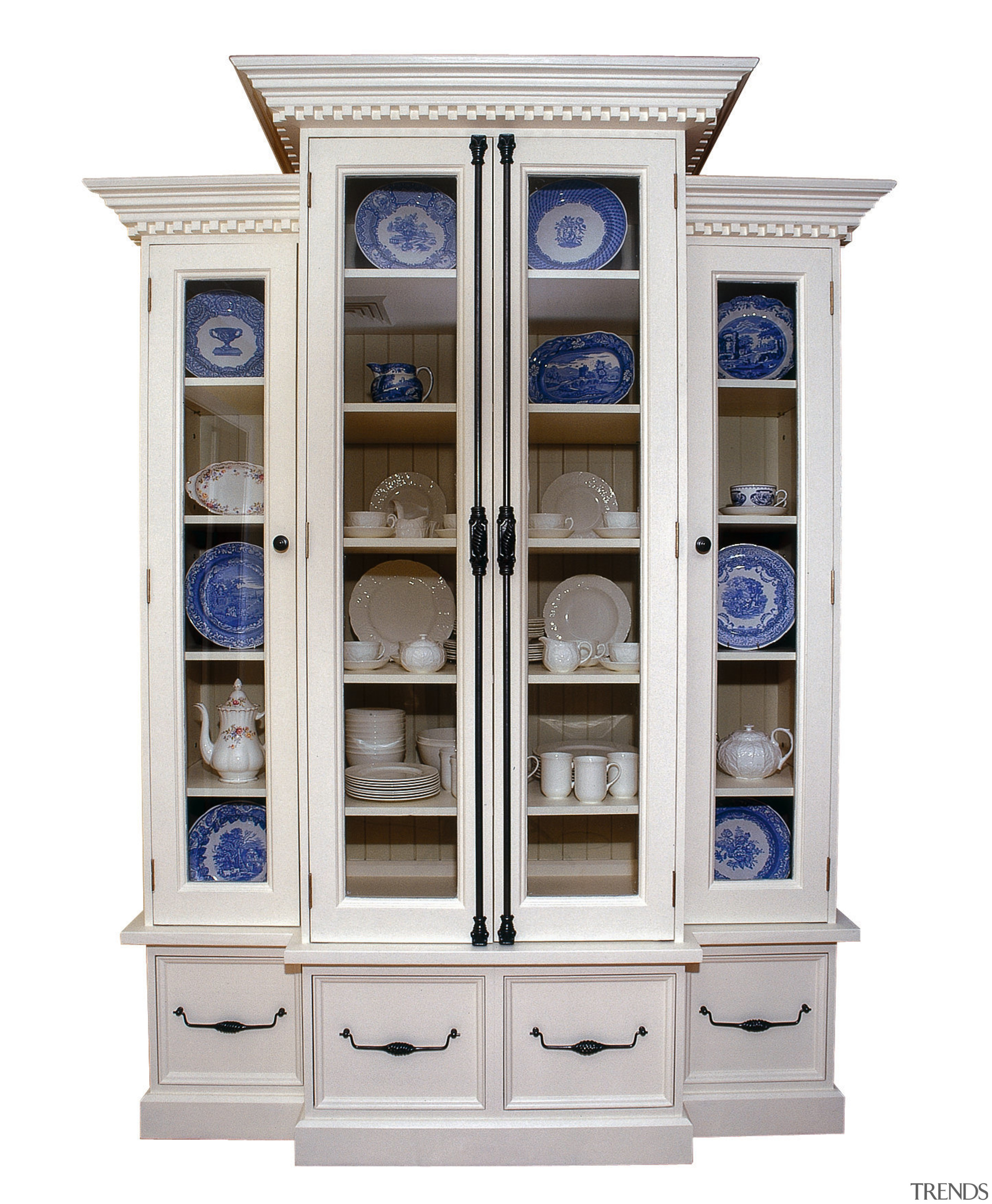 A photograph of a large cabinet with chinaware china cabinet, cupboard, display case, furniture, shelving, white
