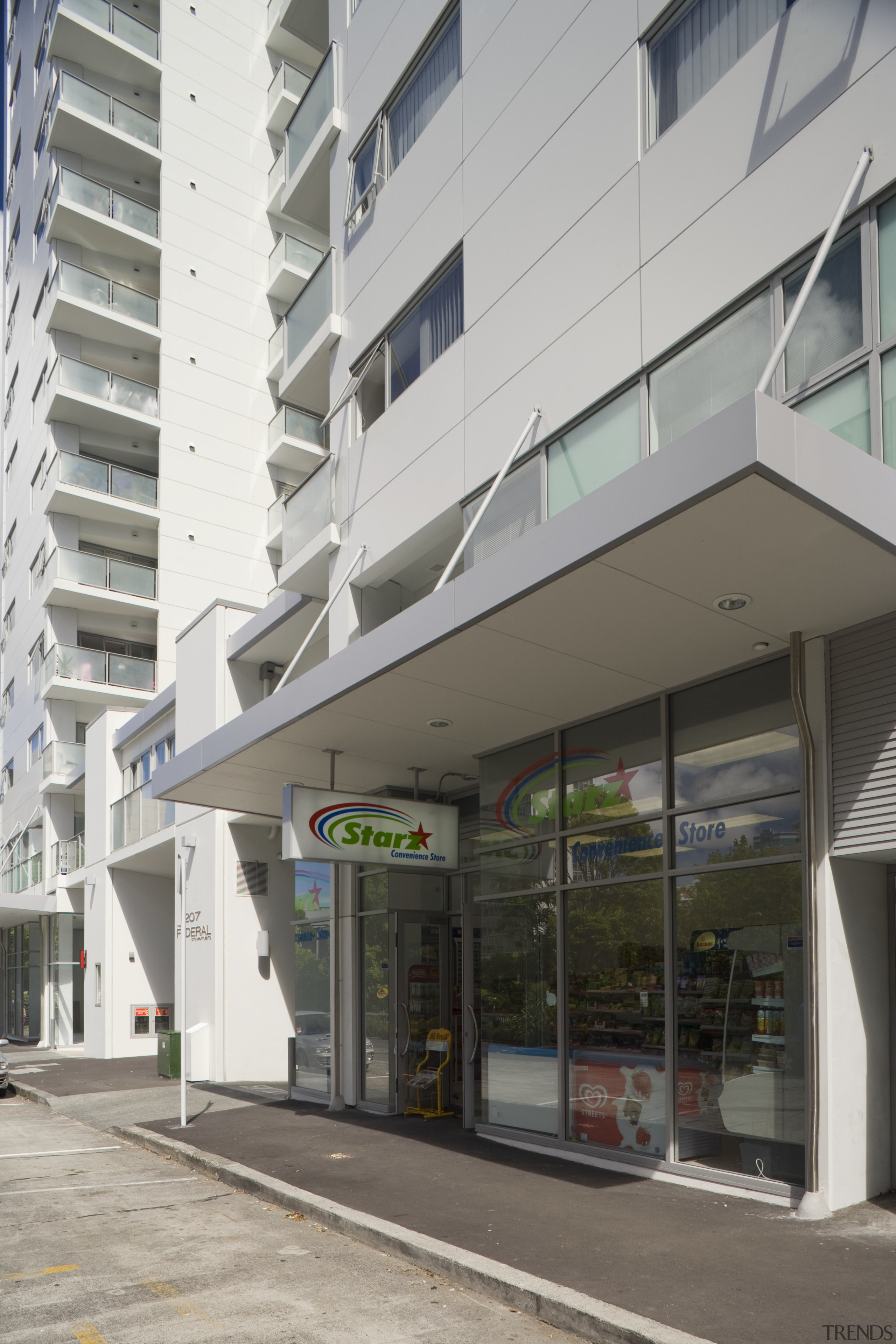 Exterior view of the Federal Apartments which where apartment, building, commercial building, condominium, facade, metropolitan area, mixed use, real estate, residential area, gray