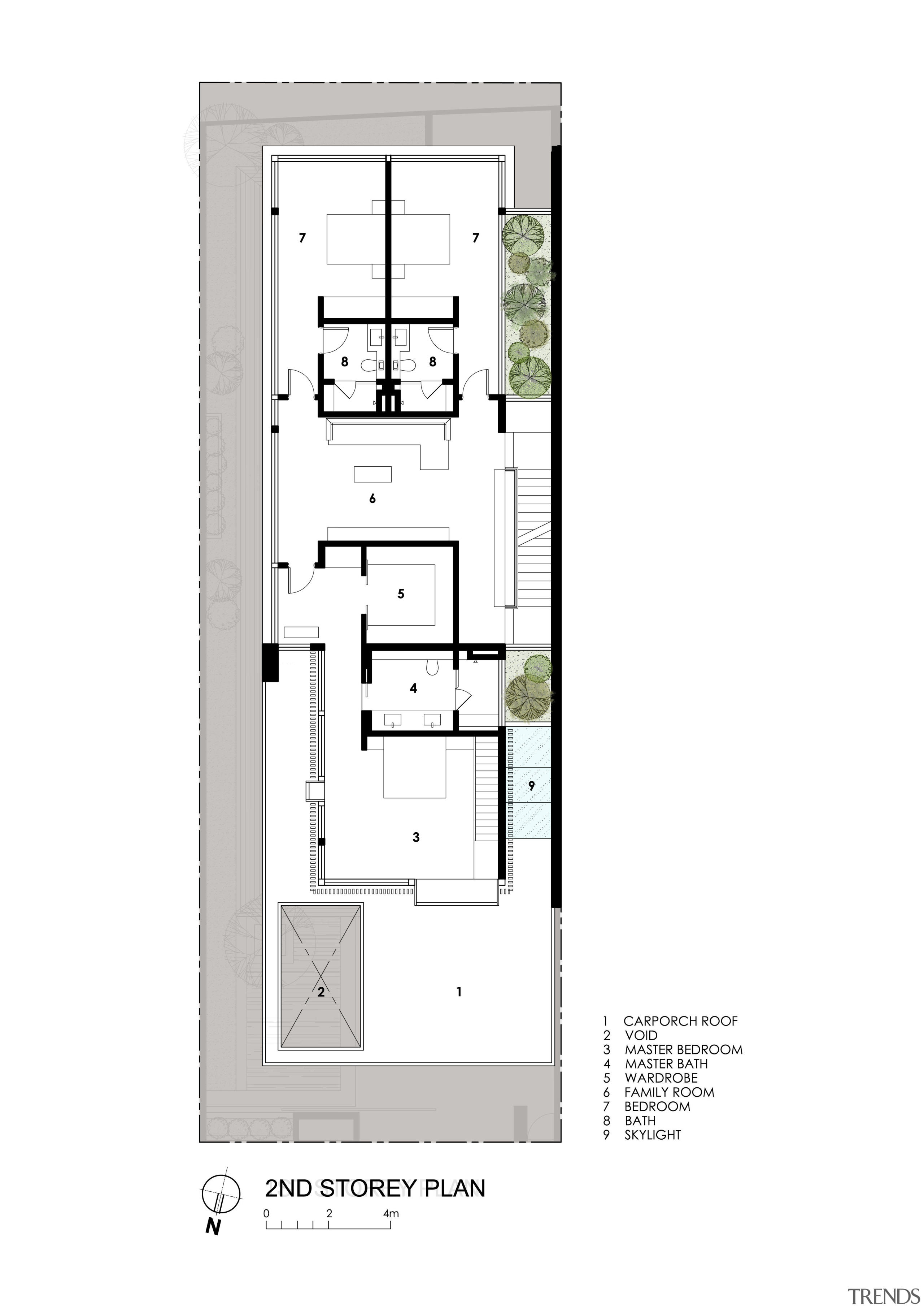 Plan of Level 2 of contemporary new semi-detached diagram, floor plan, furniture, plan, product, product design, structure, white