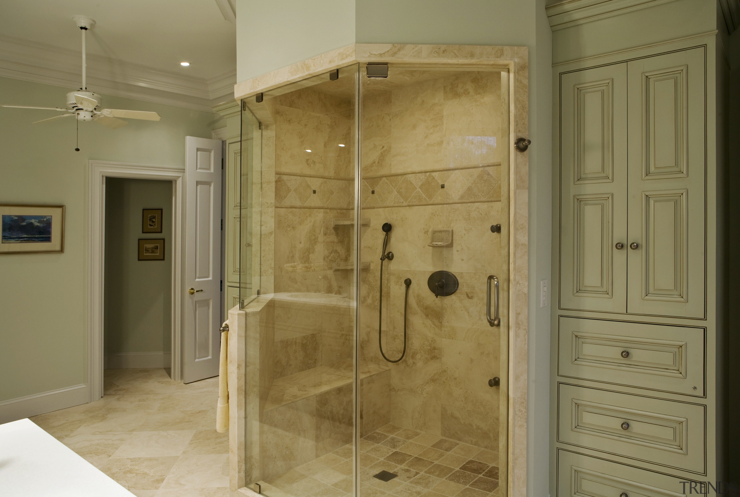 Image of a bathroom designed by an NKBA bathroom, floor, flooring, home, plumbing fixture, room, shower, tile, brown