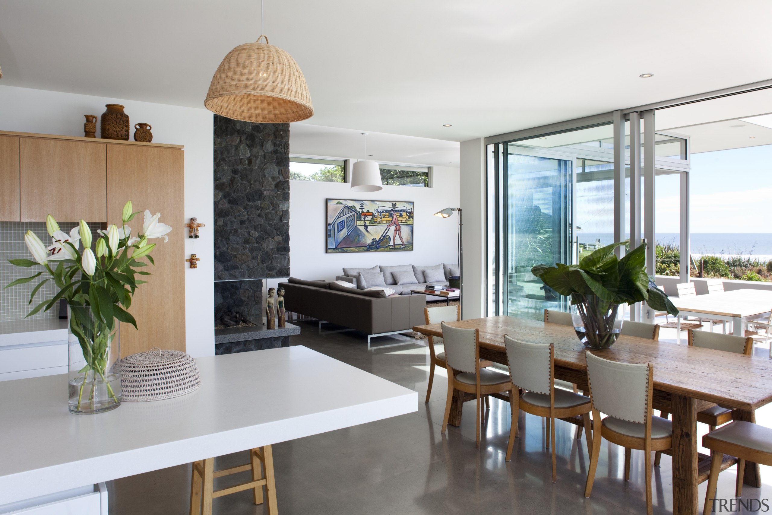 kitchen and dining area, flow to outside, white interior design, living room, property, real estate, white