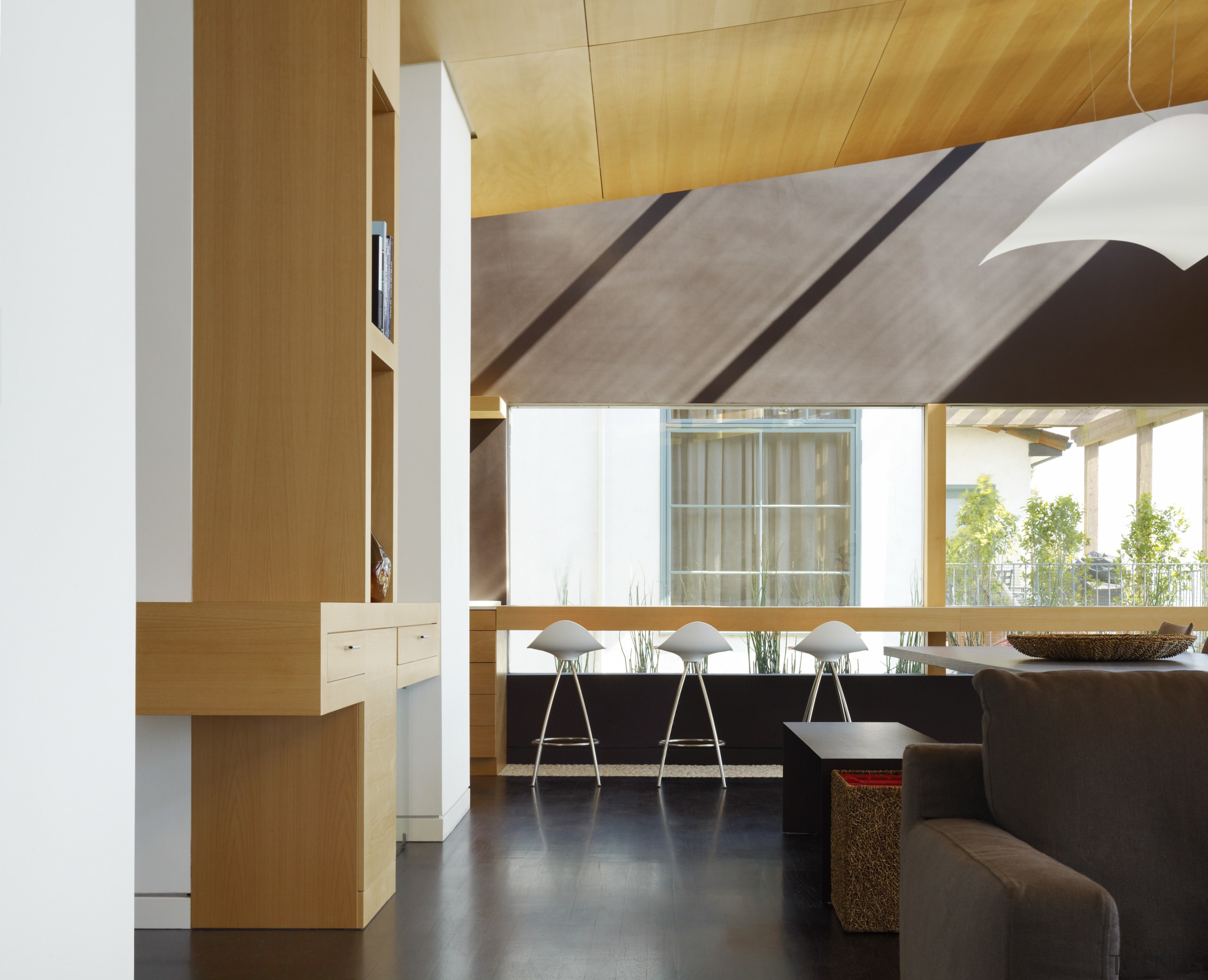 View of the breakfast bar with bar stools, architecture, ceiling, daylighting, furniture, interior design, table, gray