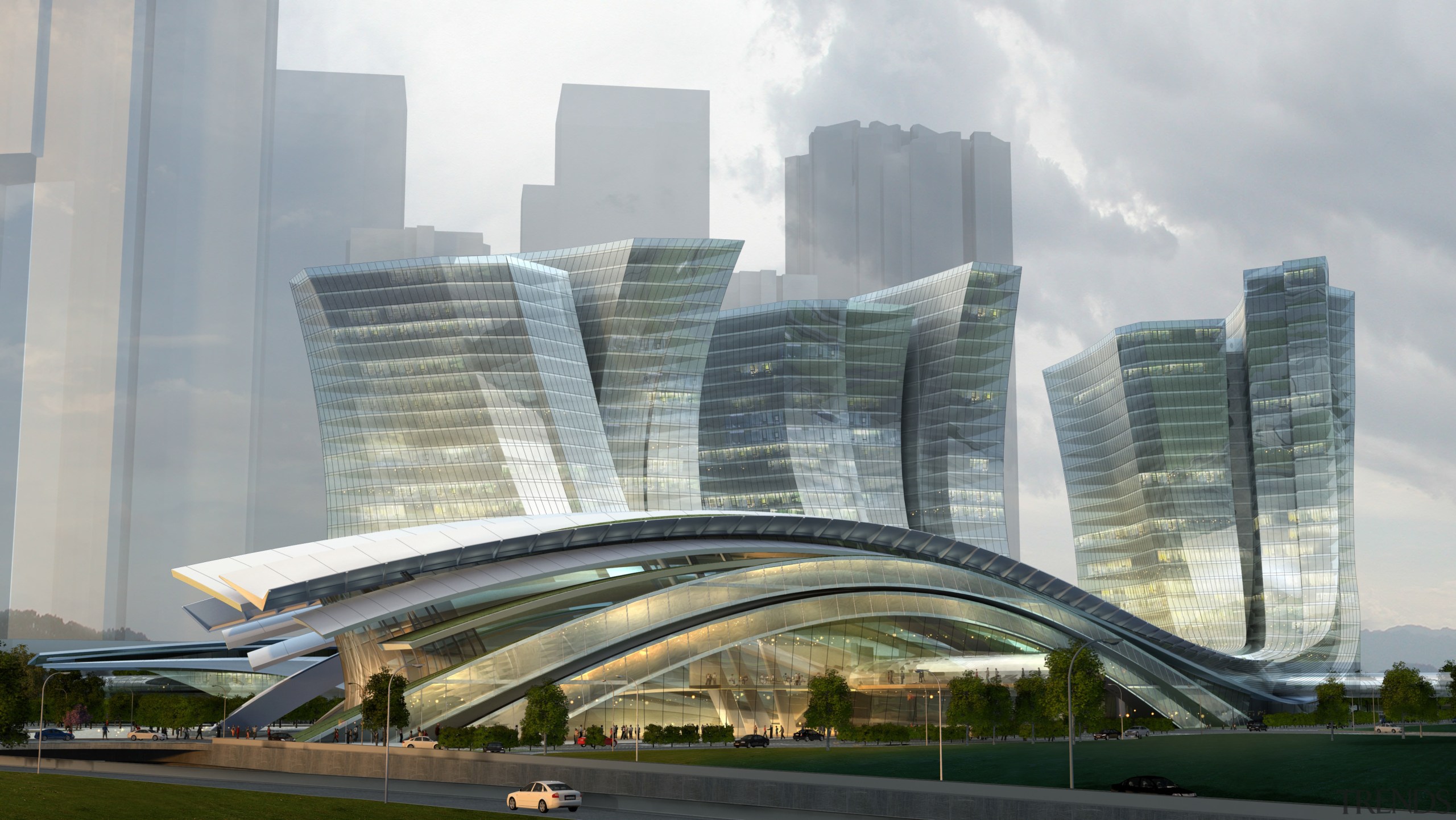 Conceptual image of the West Kowloon Terminus which architecture, building, city, cityscape, commercial building, condominium, corporate headquarters, daytime, downtown, fixed link, headquarters, landmark, metropolis, metropolitan area, mixed use, overpass, sky, skyscraper, skyway, tower block, urban area, gray