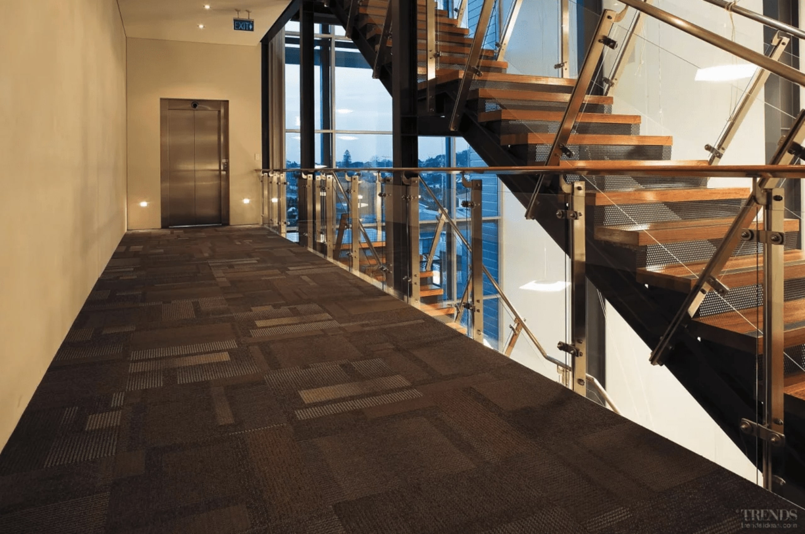 Commercial-grade Feltex tiled carpet in Moonstruck from the floor, flooring, handrail, stairs, wood, black