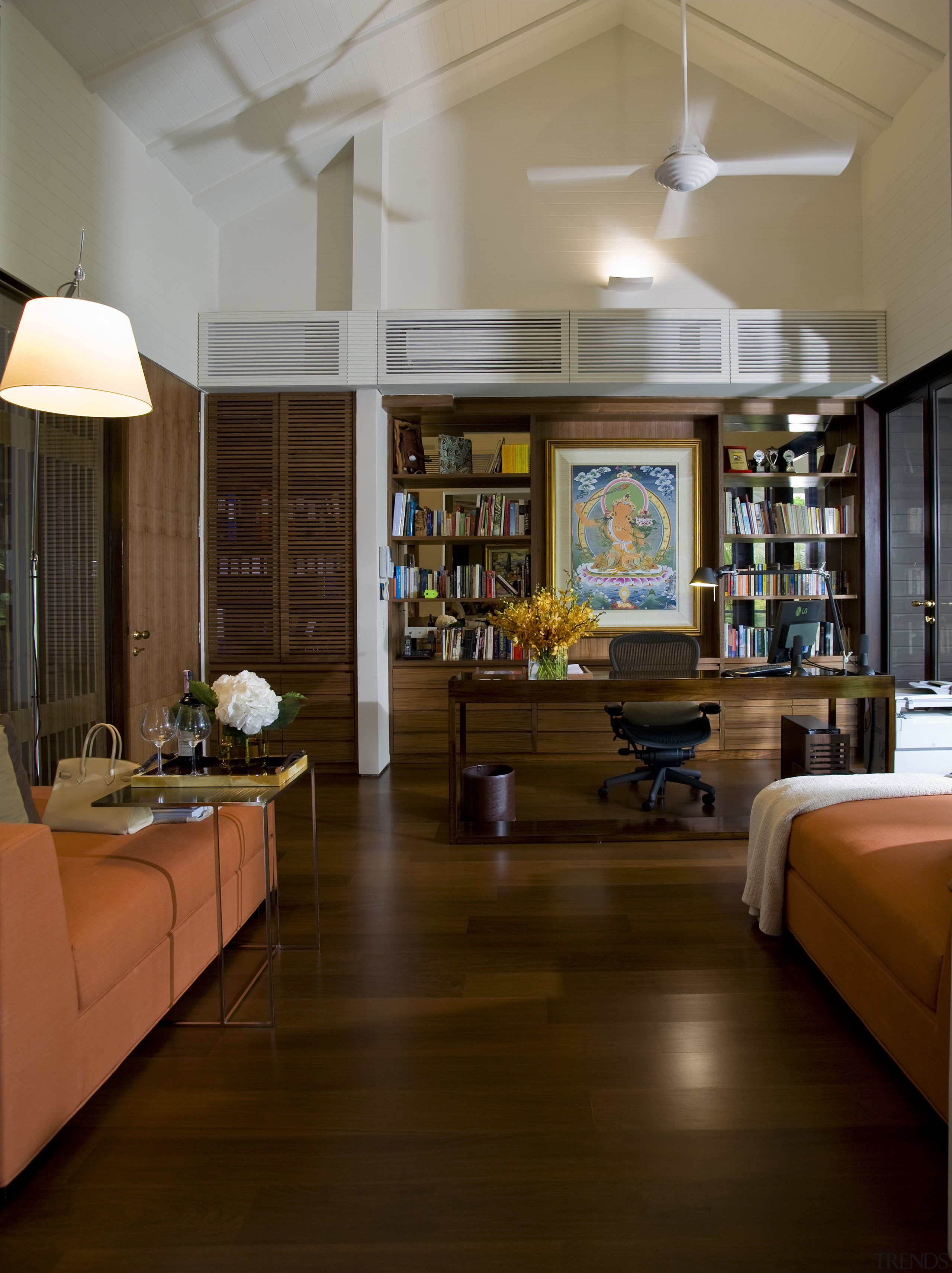 View of a spare bedroom with two single ceiling, floor, flooring, hardwood, interior design, living room, lobby, room, wood, wood flooring, brown