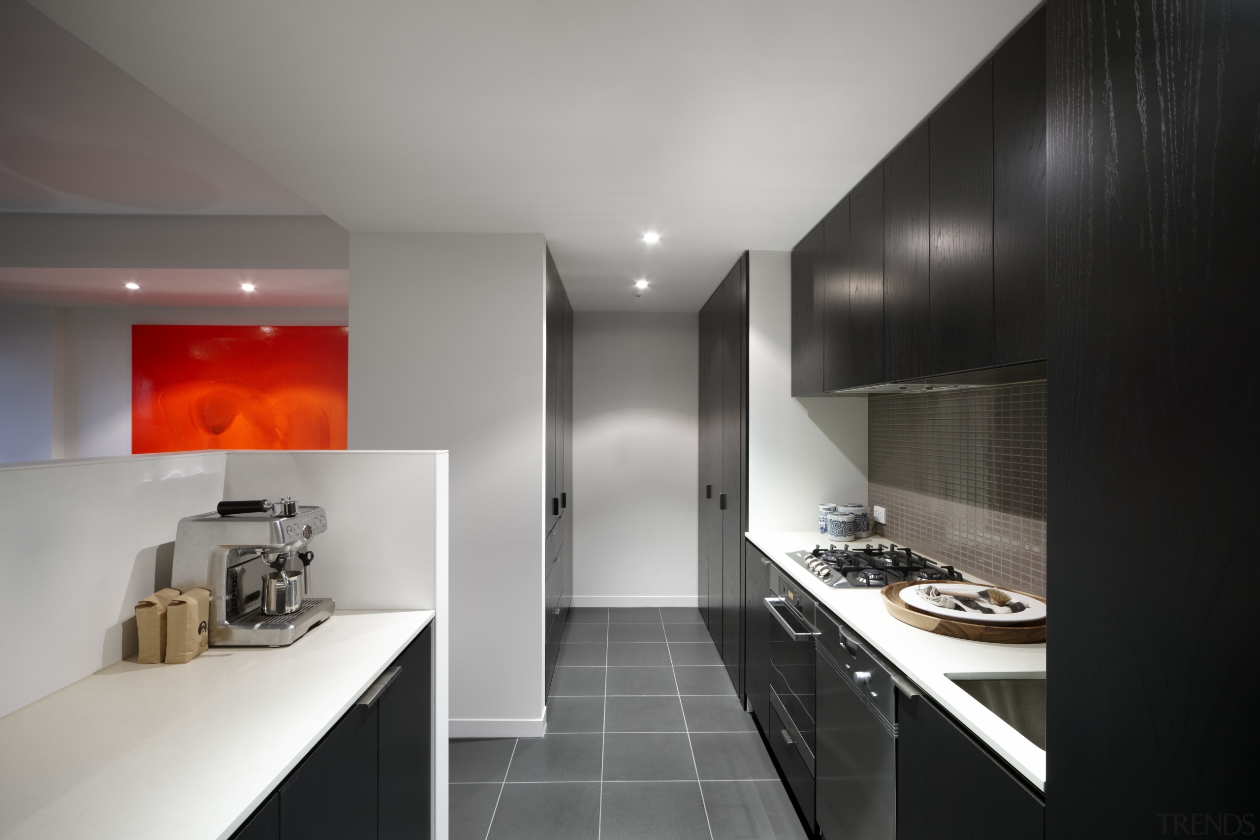 View of this contemporary apartment - View of architecture, ceiling, countertop, interior design, kitchen, product design, room, gray, black