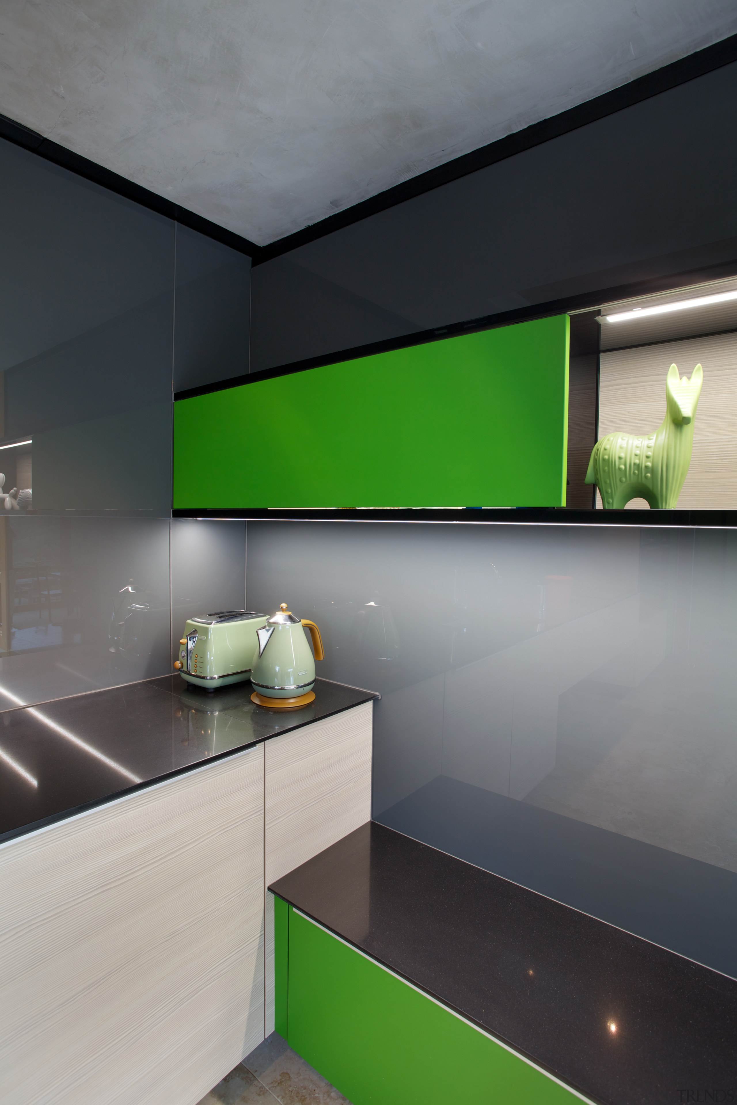 This elongated wall cabinet includes interior LED display architecture, bathroom, ceiling, countertop, daylighting, glass, house, interior design, kitchen, lighting, product design, sink, gray, black