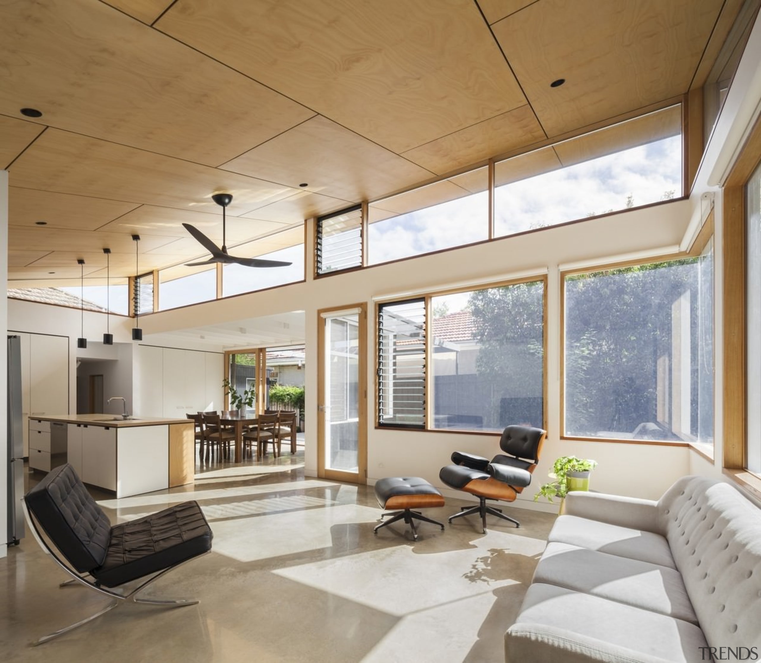 It's a warm, inviting living room - It's architecture, ceiling, daylighting, floor, house, interior design, living room, lobby, real estate, window, gray, brown