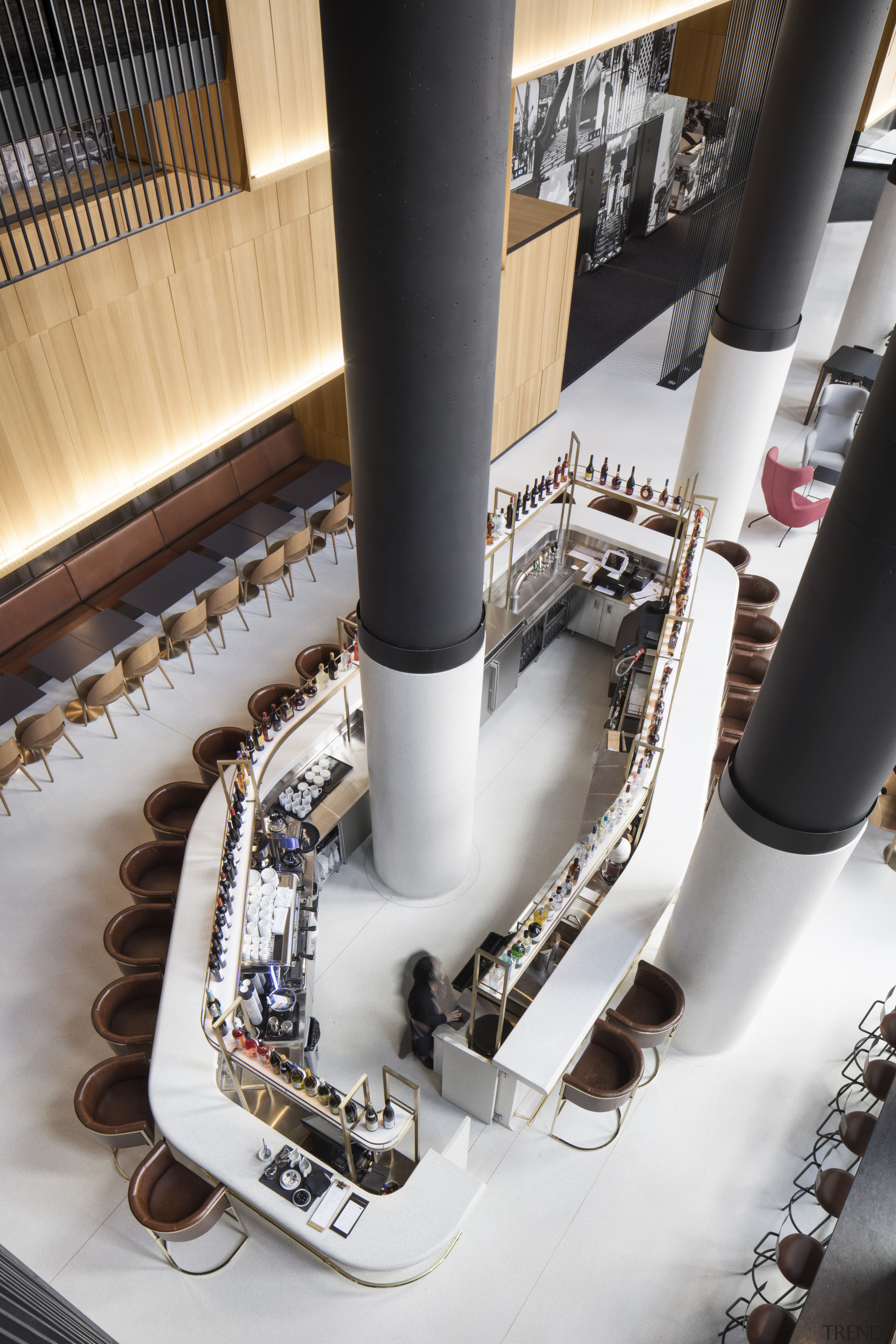 A bird’s eye view of the white terrazzo Hotel Monville, terrazzo bar, lobby, pipe, white, black