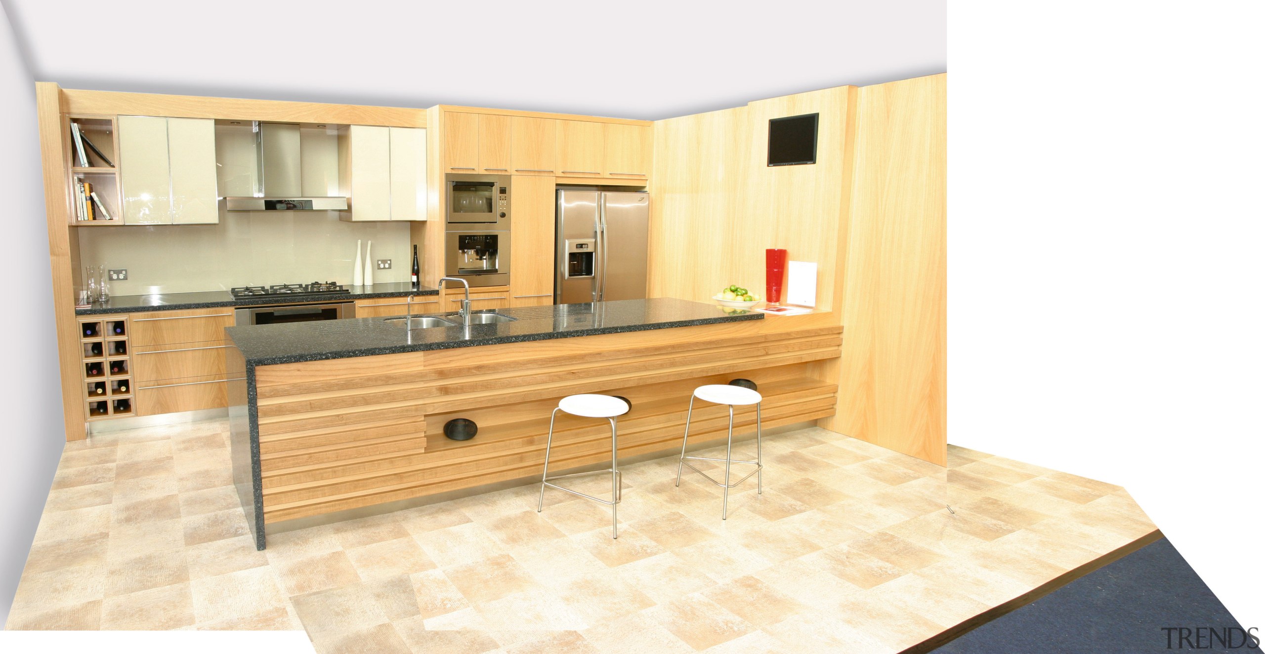 View of this textured timber kitchen, tiled flooring, cabinetry, countertop, floor, flooring, interior design, kitchen, property, real estate, room, white, orange