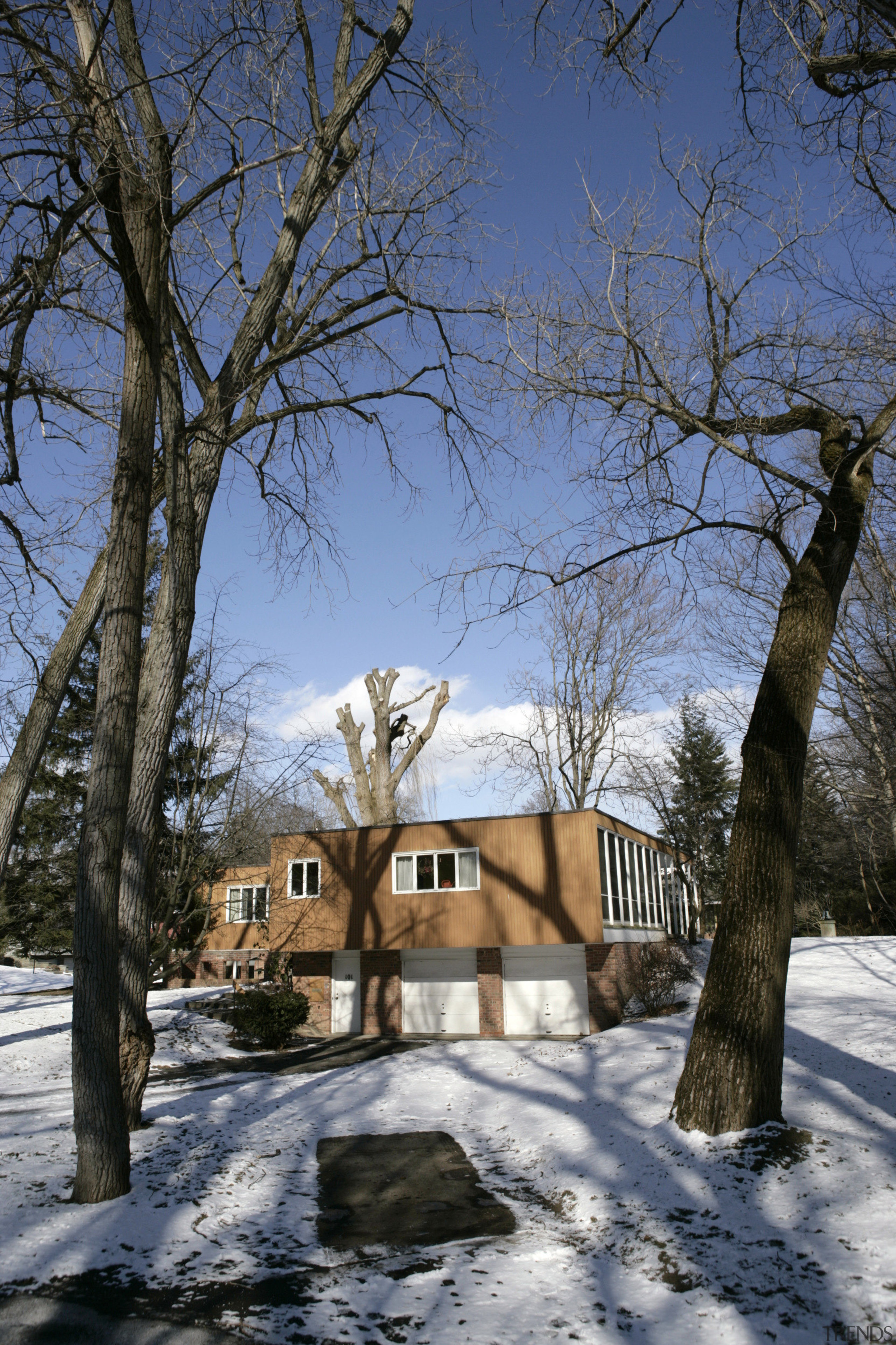 Exterior view of this home before decorating - architecture, branch, freezing, frost, home, house, ice, landscape, leaf, neighbourhood, plant, residential area, sky, snow, suburb, sunlight, tree, winter, wood, woody plant, black, blue