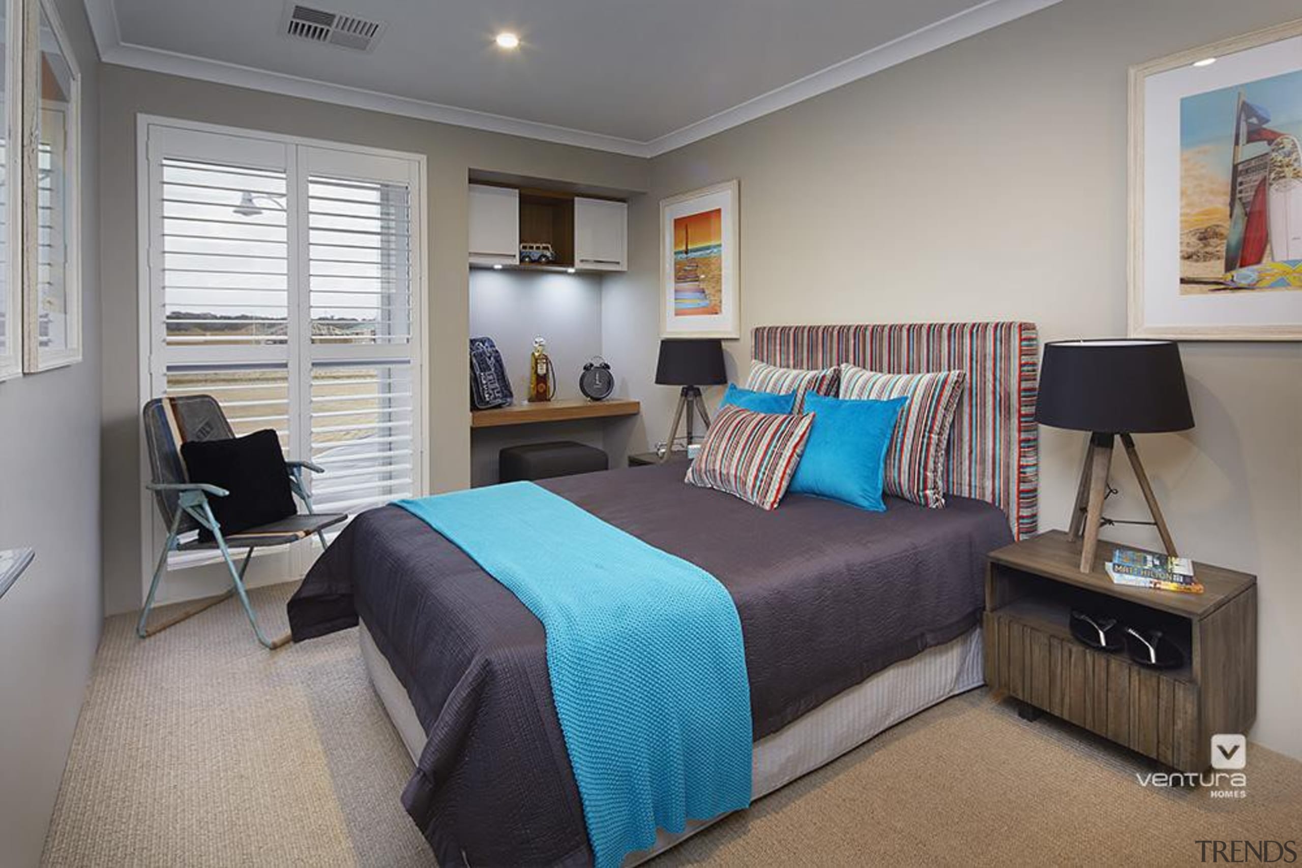 Bedroom design. - The Meridian Two Storey Display bedroom, home, interior design, real estate, room, gray