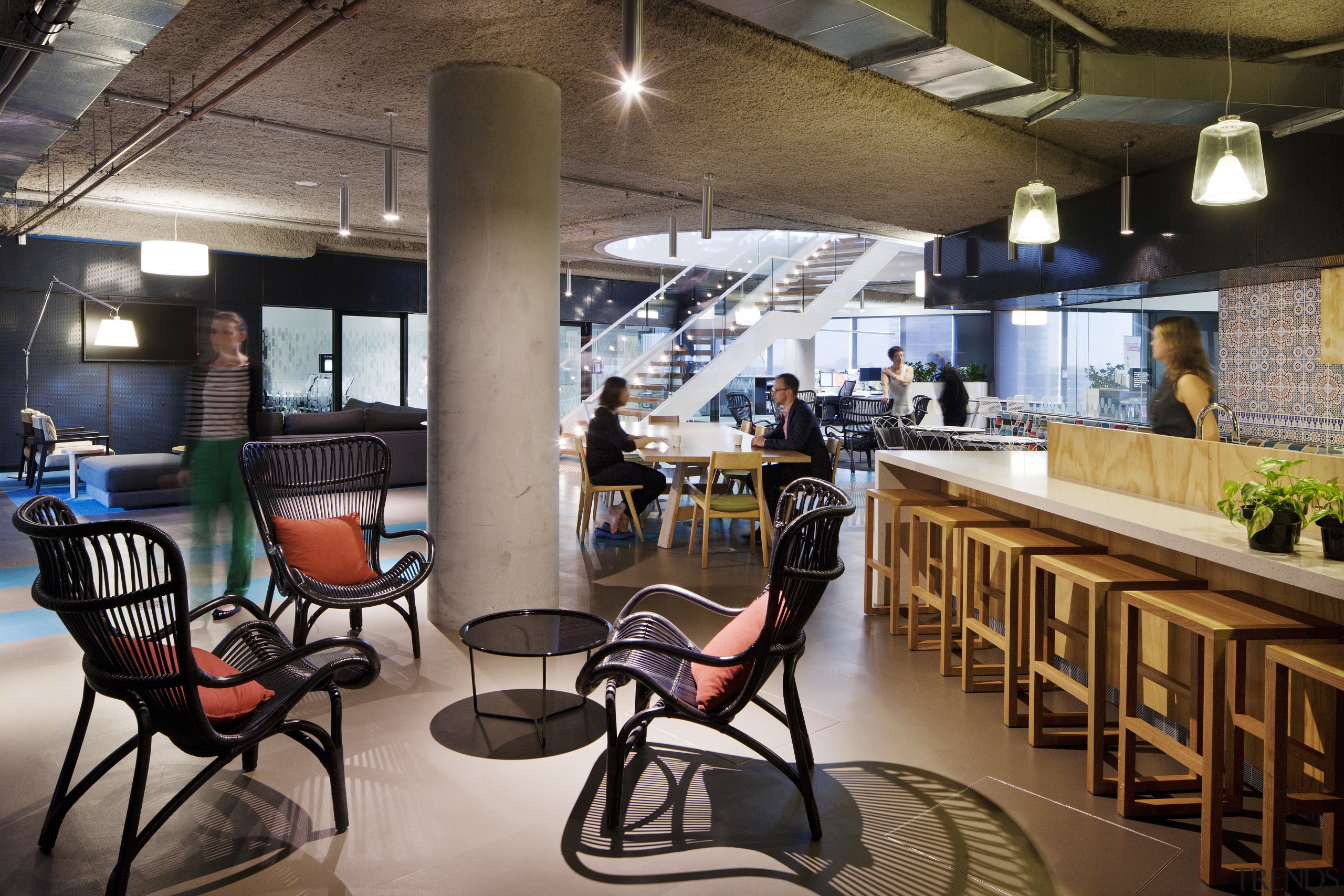 Breakout spaces in the Aurecon office are set café, interior design, restaurant, brown, black