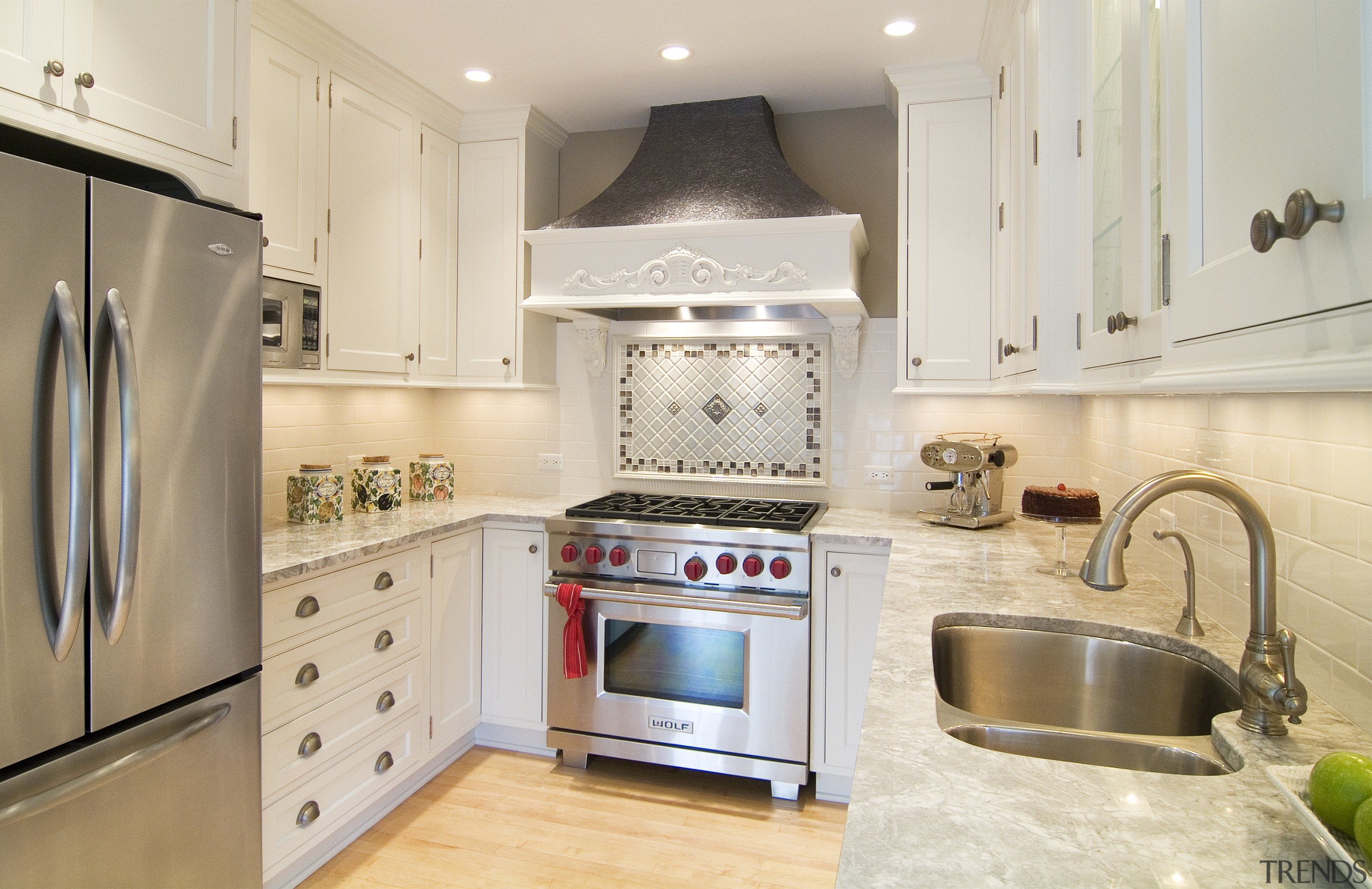 View of a kitchen designed by an NKBA cabinetry, countertop, cuisine classique, home, home appliance, interior design, kitchen, real estate, room, white