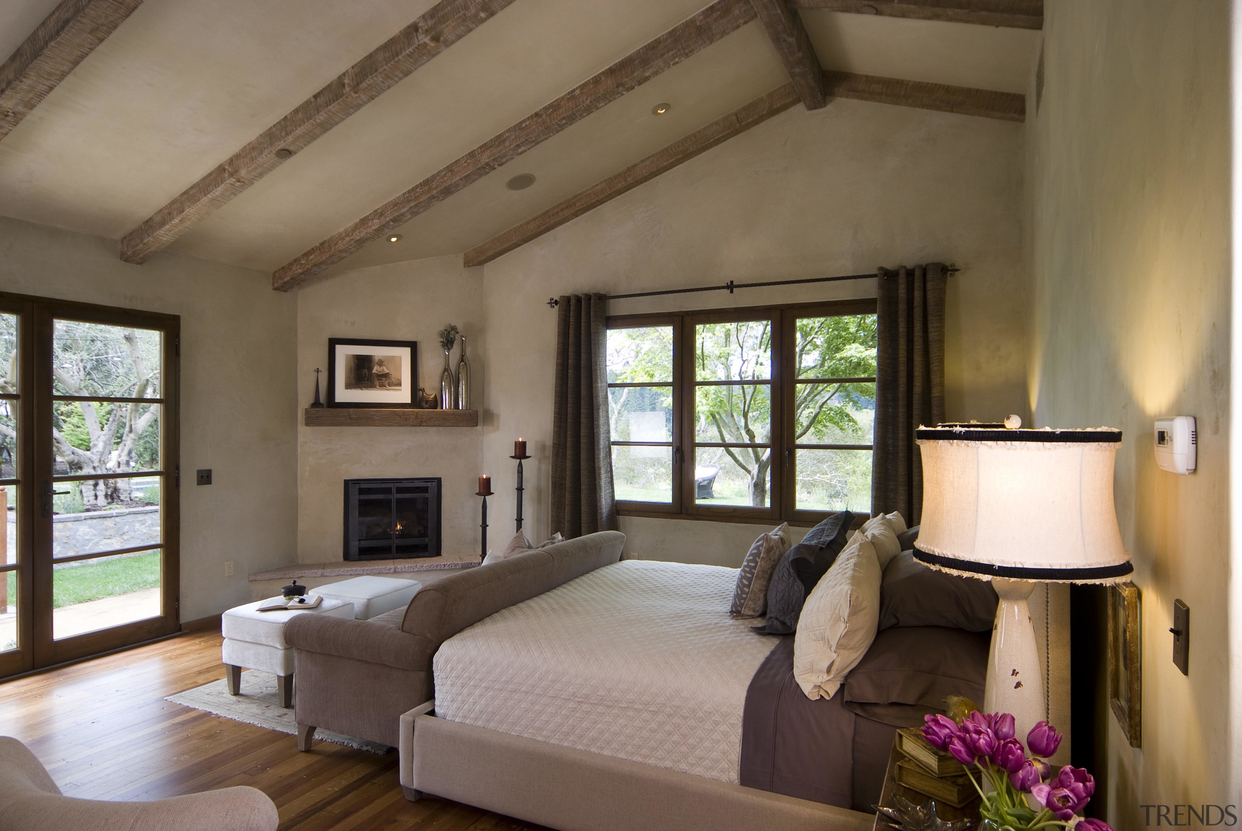 Rustic house modelled on French barn. Interiors feature bedroom, ceiling, estate, interior design, real estate, room, window, brown