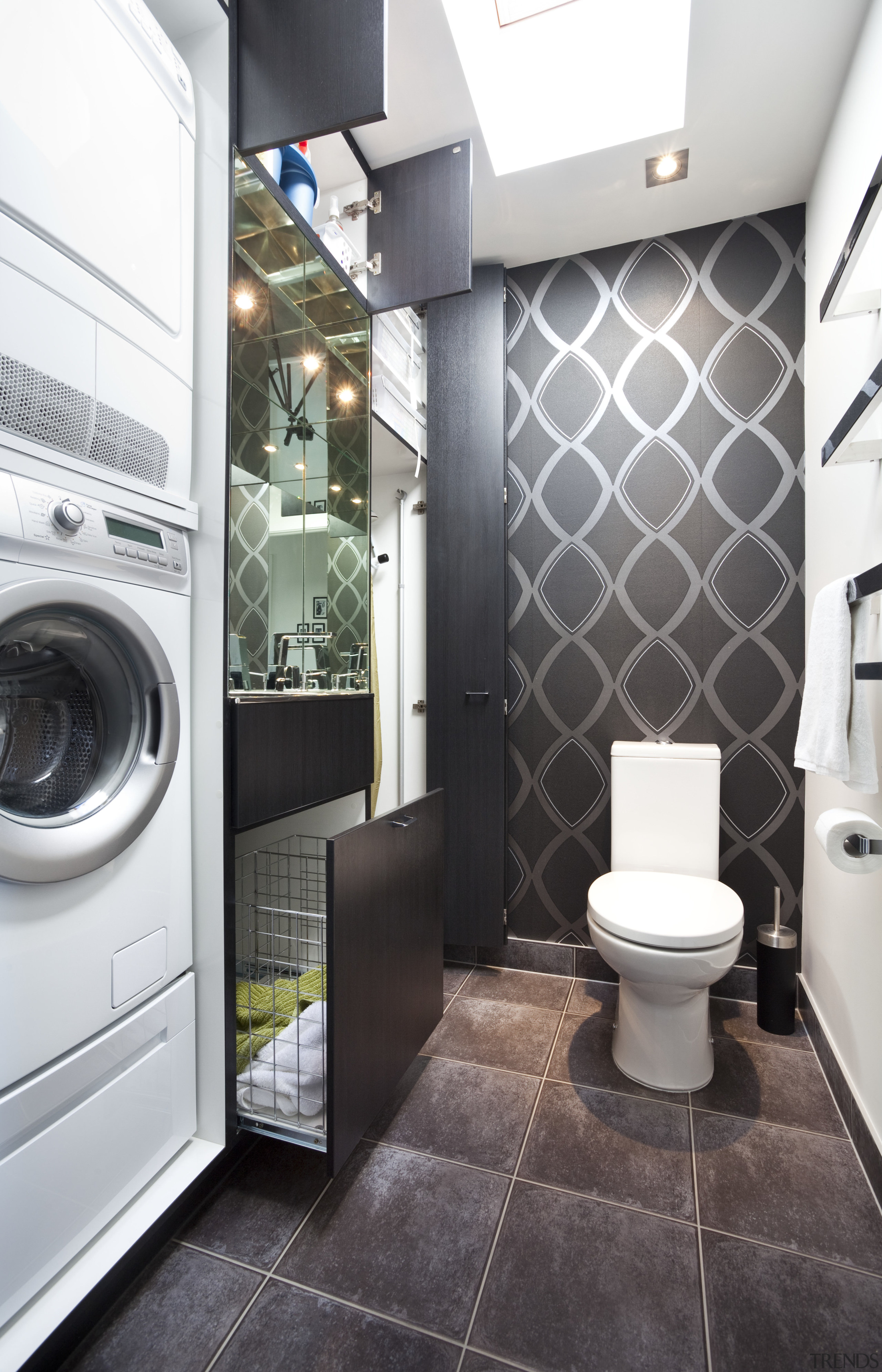 Yellow Fox were the designers for this renovation. bathroom, floor, home appliance, interior design, laundry room, major appliance, room, washing machine, white, black