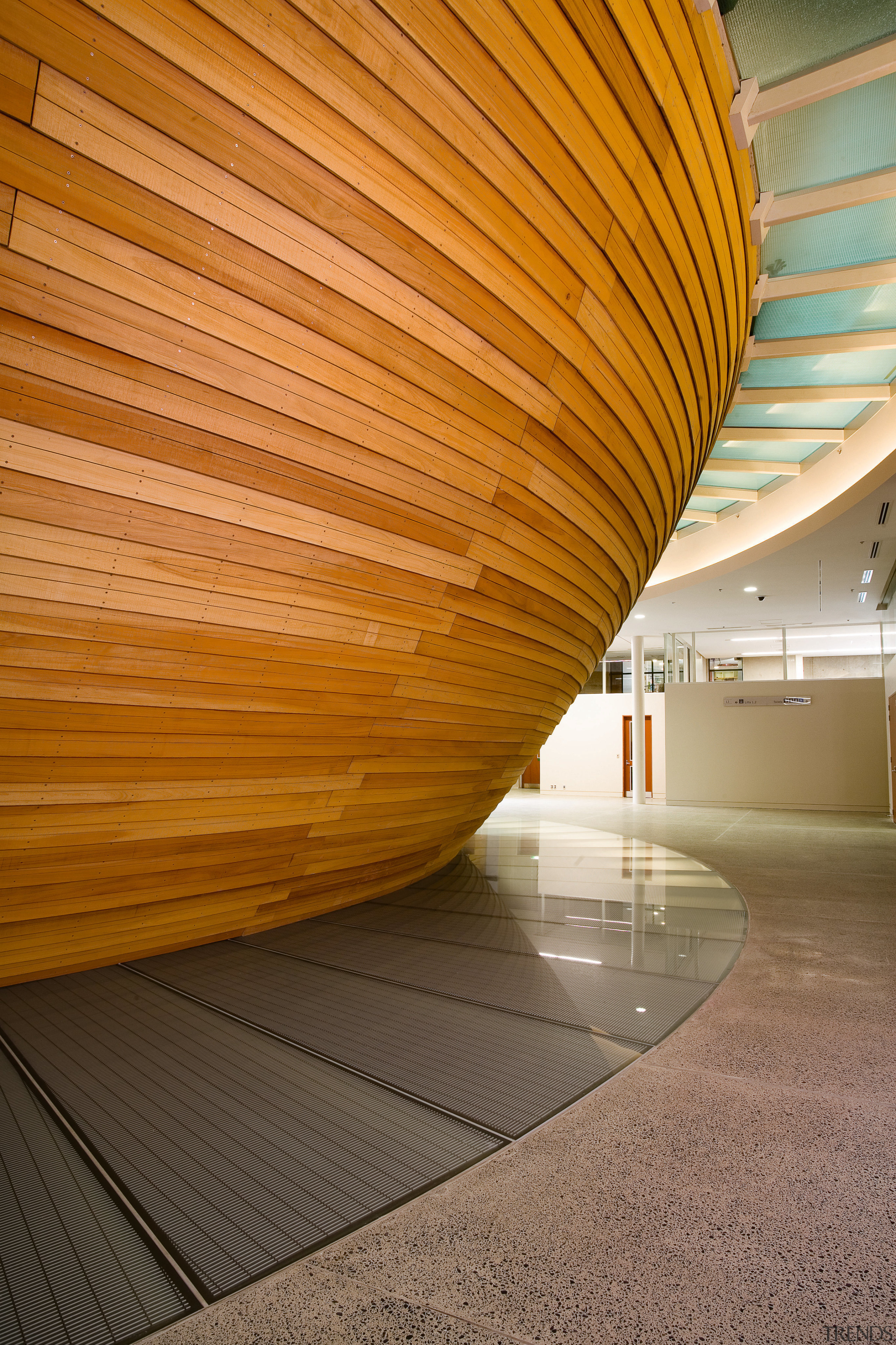 A view of some fire safe building supplies architecture, ceiling, daylighting, floor, flooring, interior design, light, lighting, line, structure, wall, wood, yellow, brown, orange