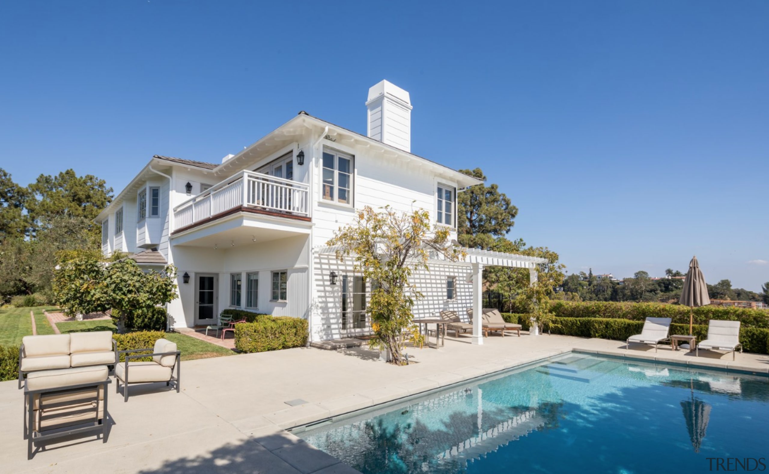 Step inside Jodie Foster's Beverly Hills home - apartment, architecture, building, estate, facade, home, house, mansion, property, real estate, residential area, roof, swimming pool, villa, teal