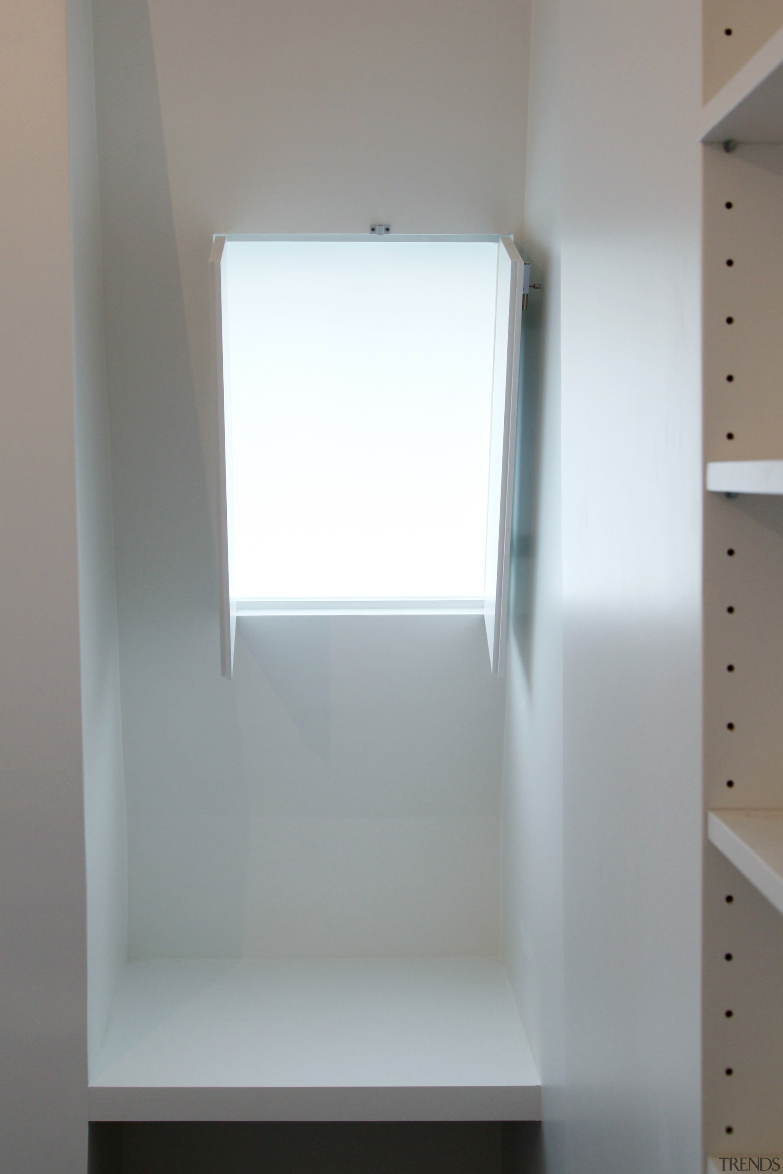 Architect: jbmn architectesPhotographer: Hermann Wendler daylighting, furniture, product design, shelf, shelving, gray, white