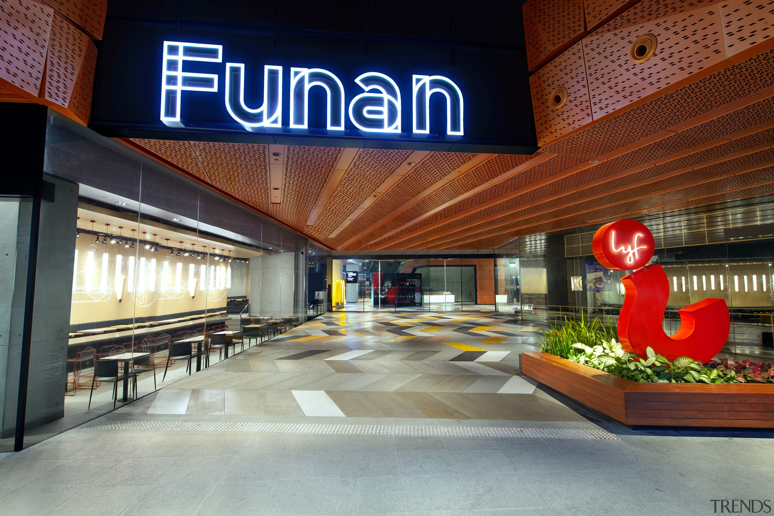 Bold and dynamic, the Funan entrance from Hill architecture, building, signage, gray