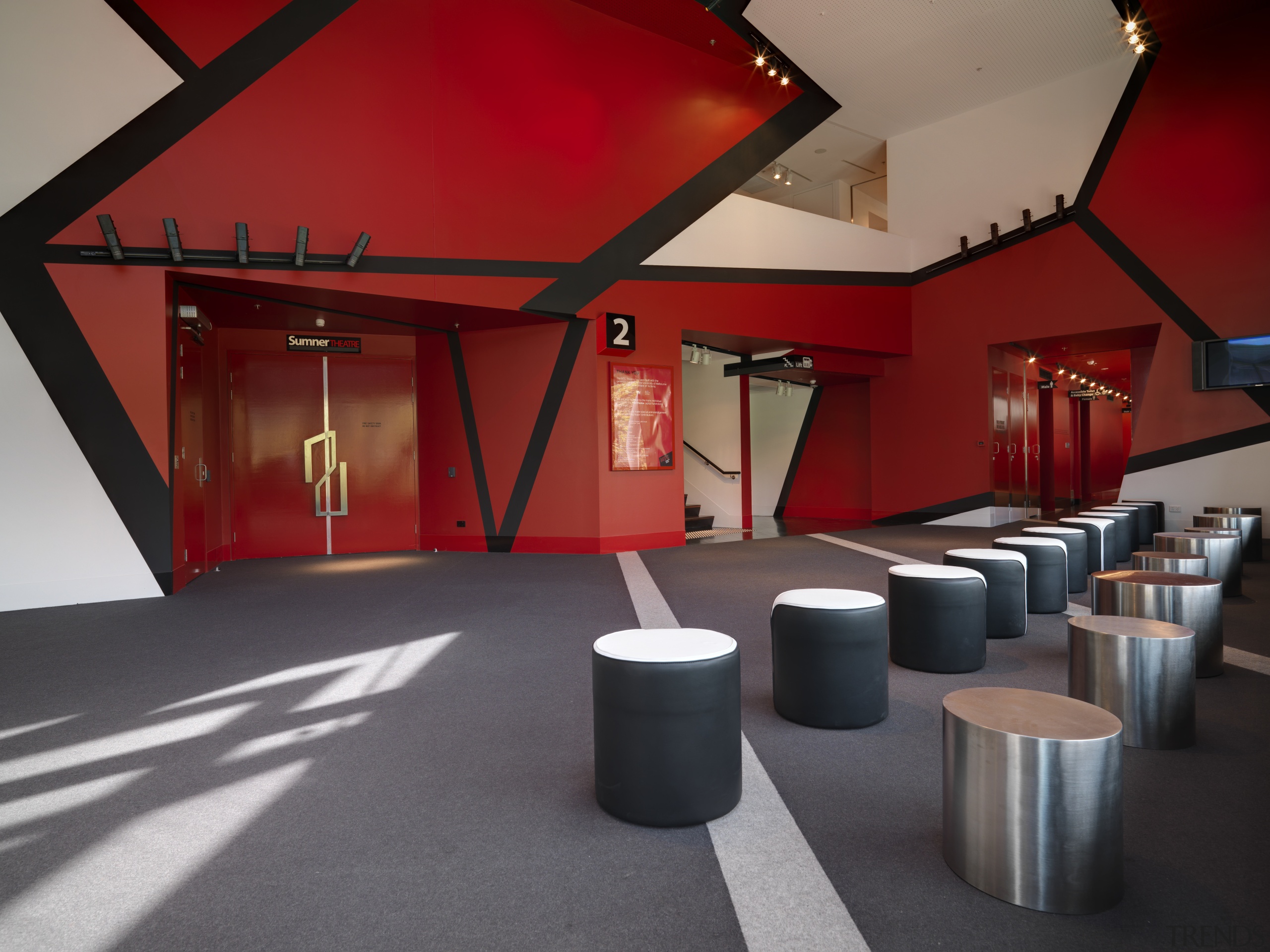 Interior view of the first floor of the ceiling, interior design, table, red