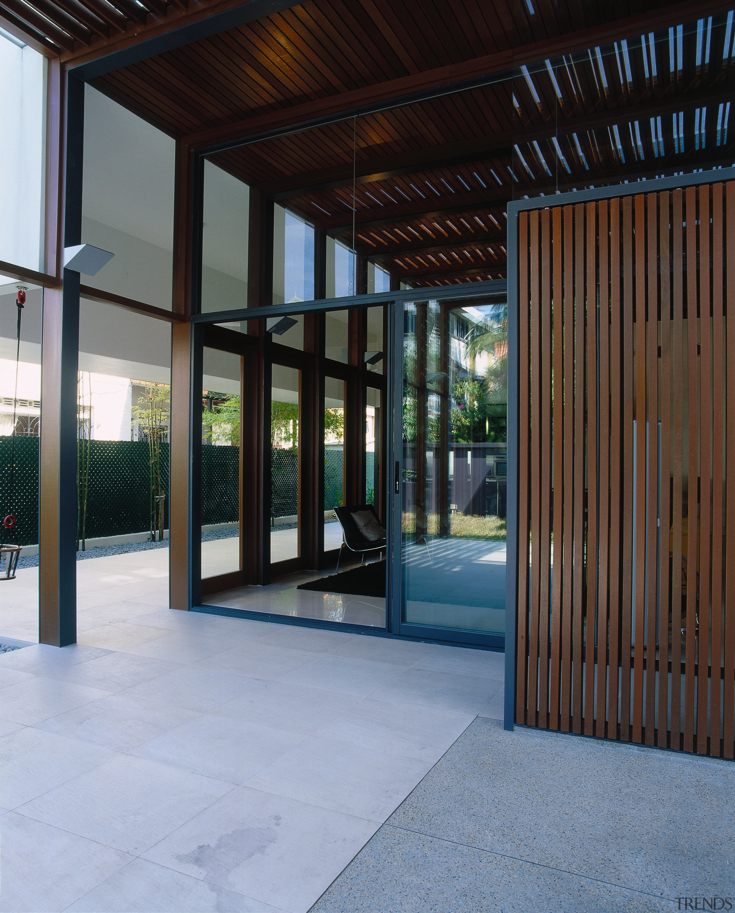 view of the glazed glass doors - view architecture, courtyard, daylighting, estate, facade, house, property, real estate, window, black, teal