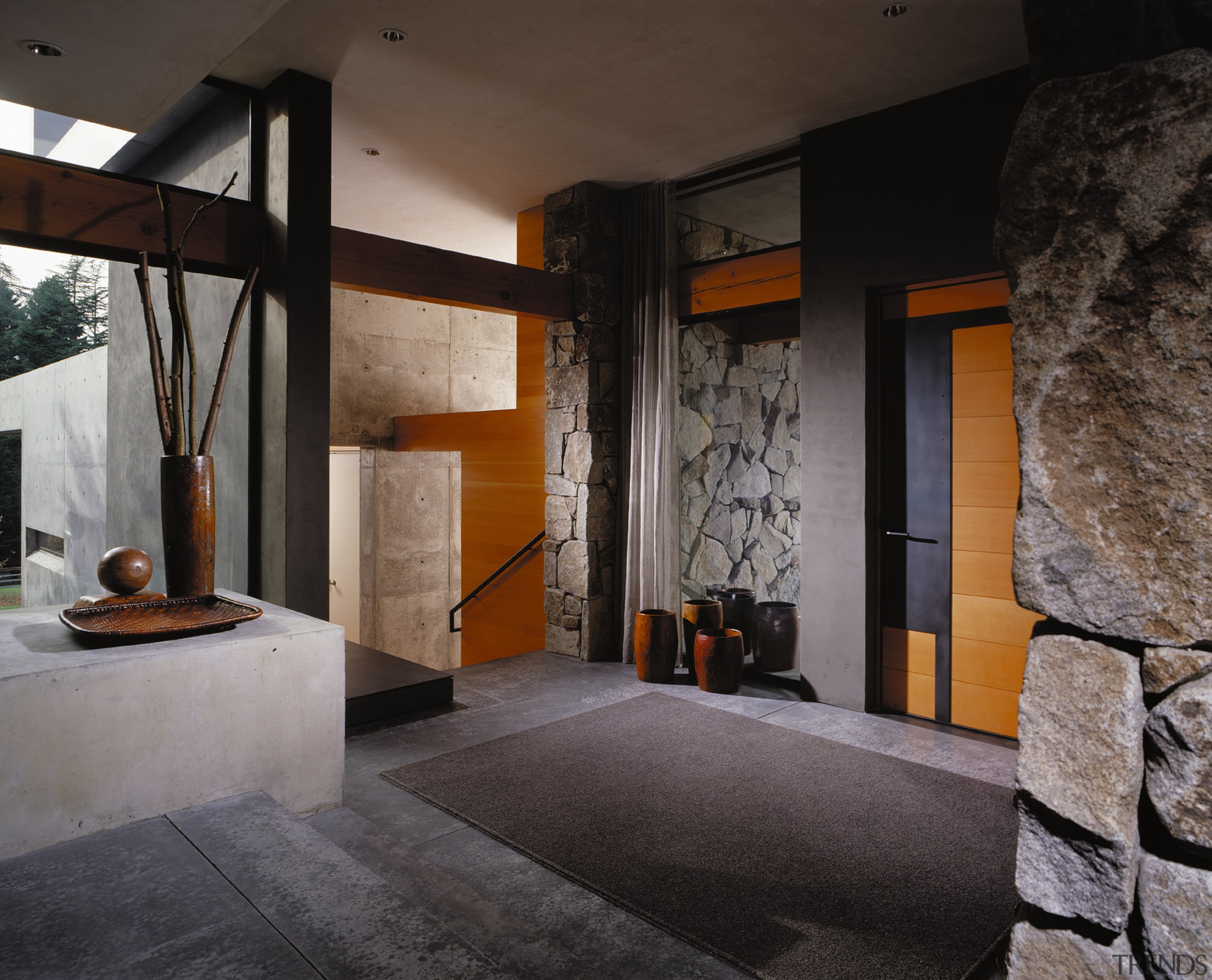 View of entrance way showing structural elements of architecture, interior design, lobby, black, gray