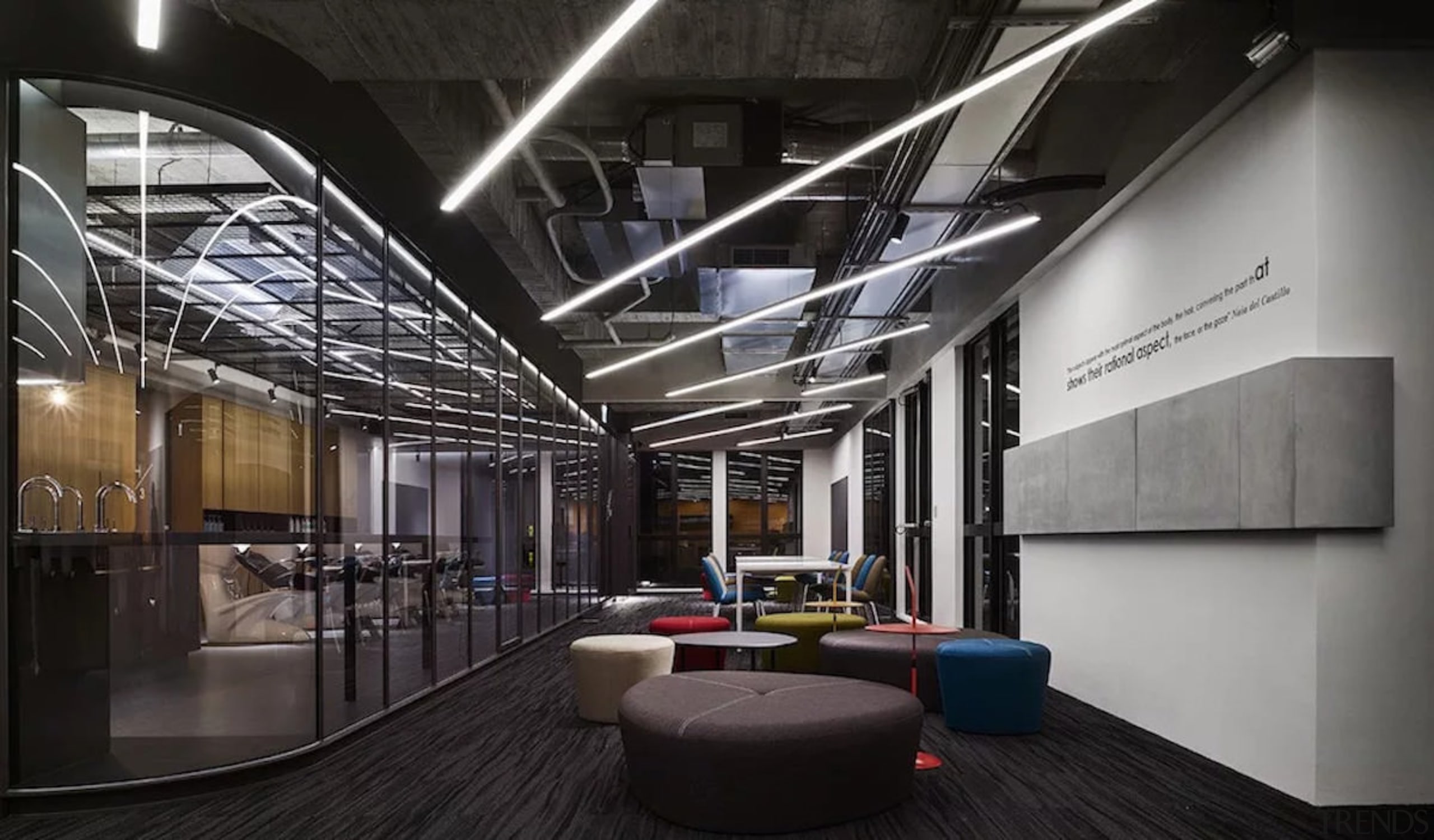 The main hallway is a feast of glass, architecture, ceiling, interior design, lobby, black, gray