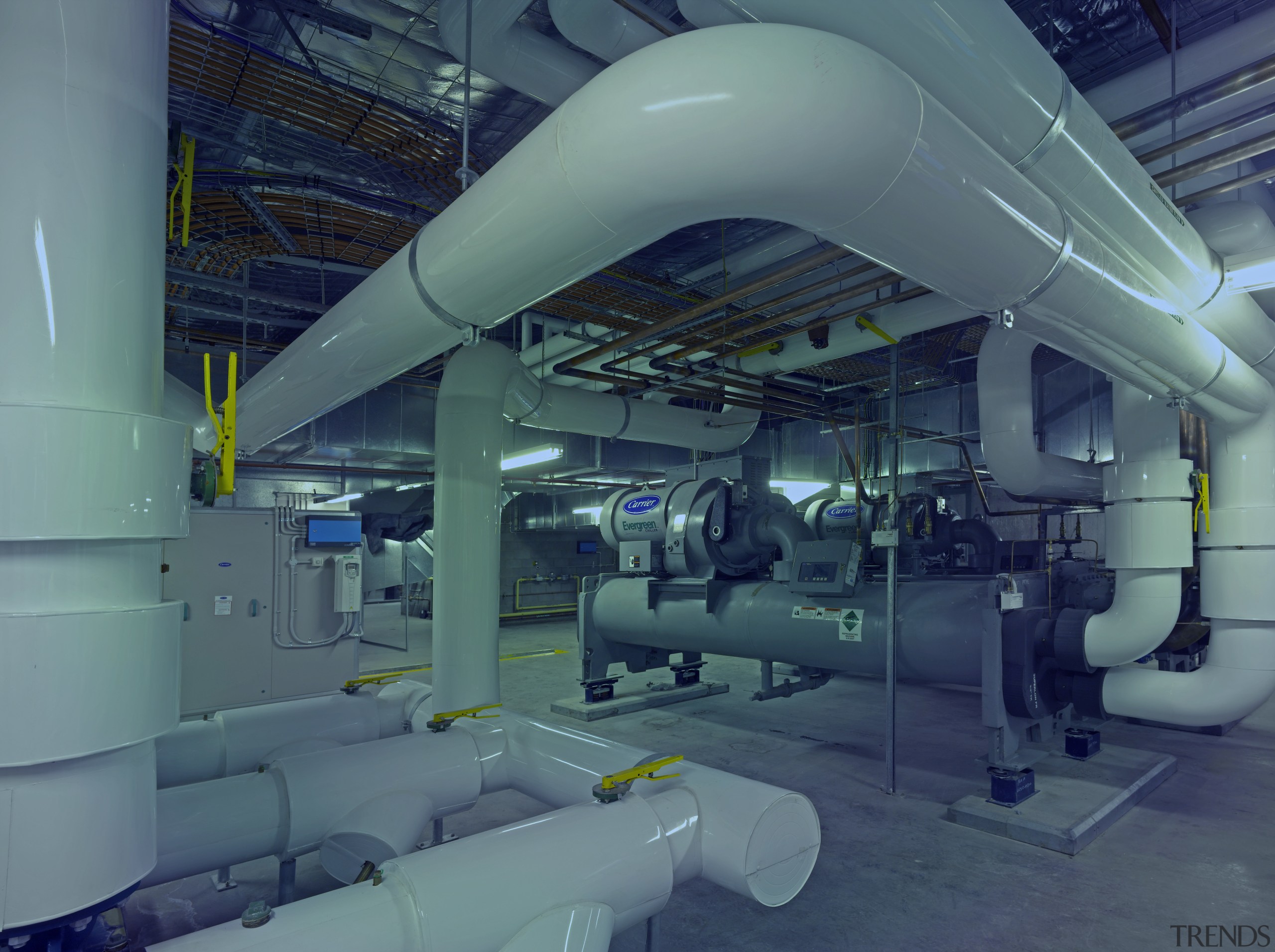 View of air conditioning unit from George Floth aerospace engineering, factory, industry, machine, technology, teal