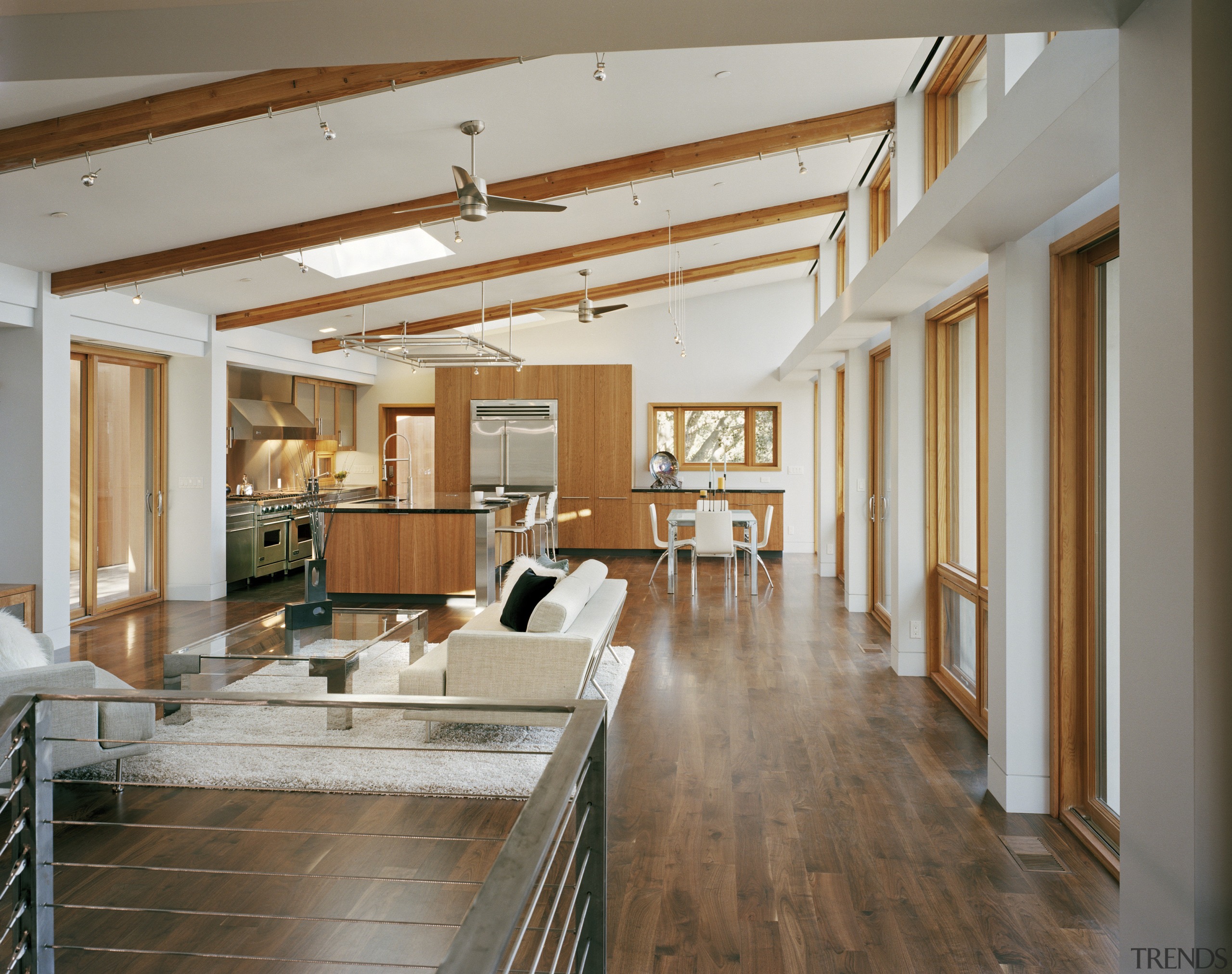 contemporary timber kitchen with granite benchtops and wooden ceiling, daylighting, floor, flooring, hardwood, house, interior design, living room, loft, real estate, wood, wood flooring, gray, brown