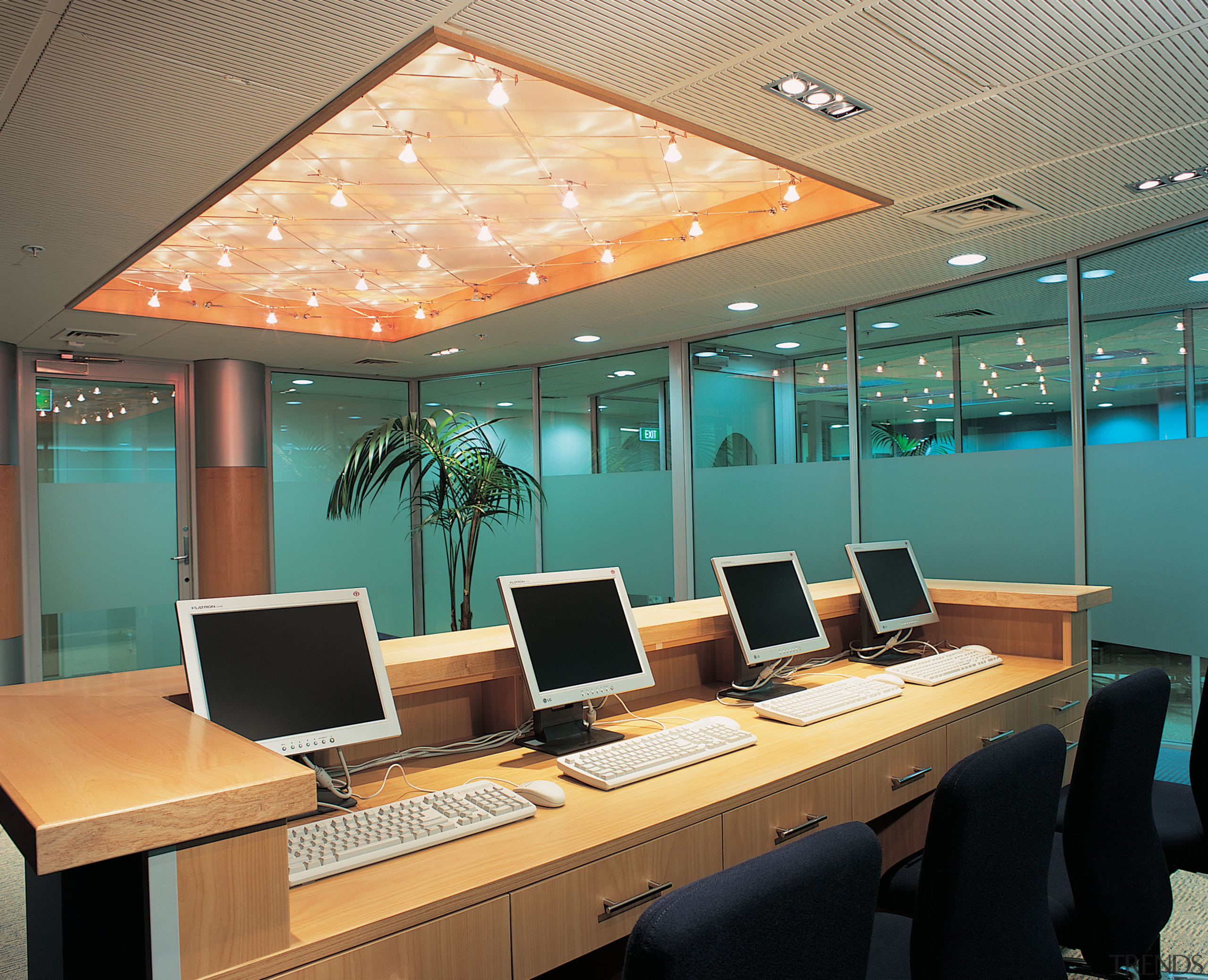 Computer room at Crown Institute of Studies - ceiling, conference hall, interior design, office, orange