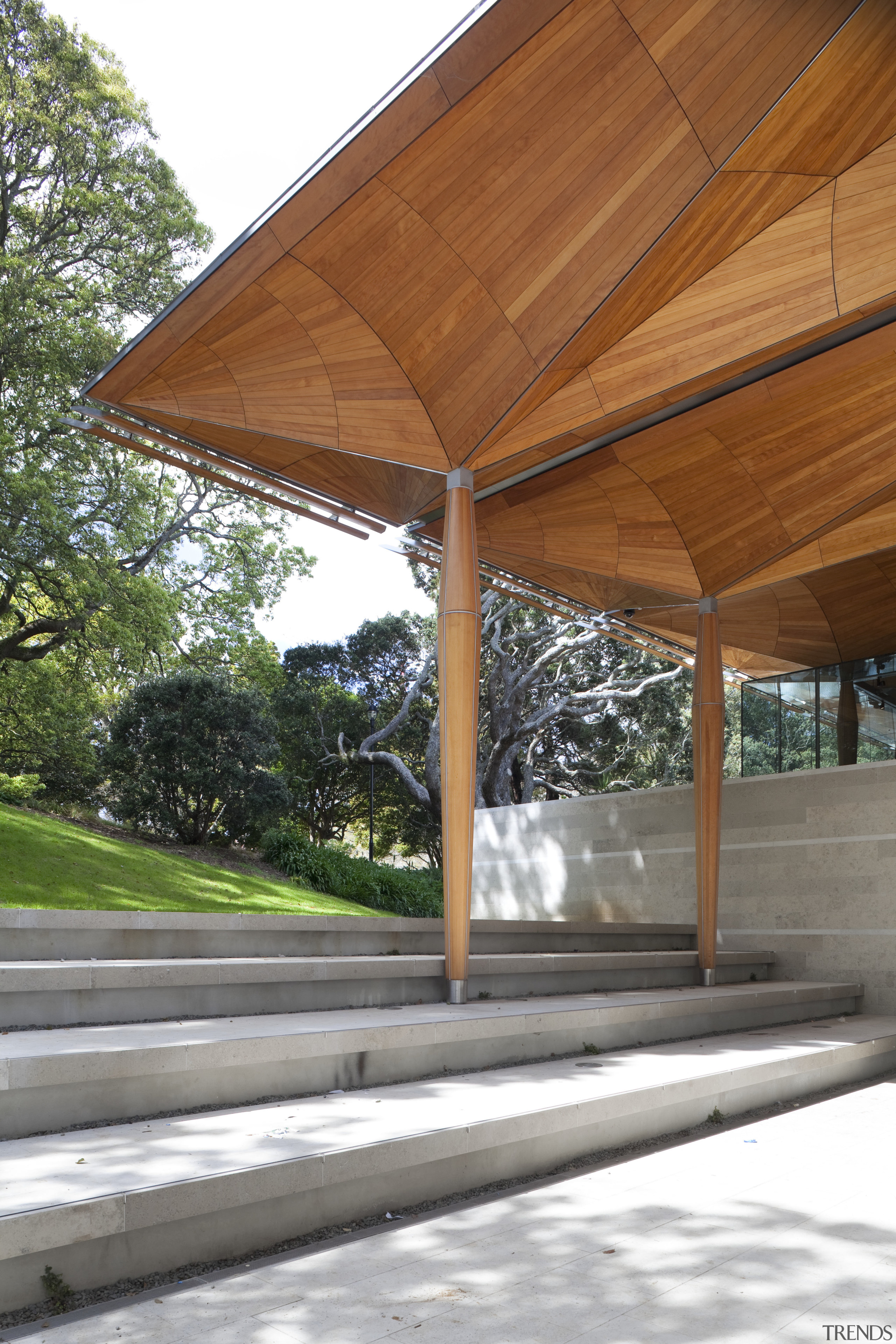 Exterior of Auckland Art Gallery, showing stainless facade. architecture, house, outdoor structure, pavilion, roof, structure, wood, brown, gray