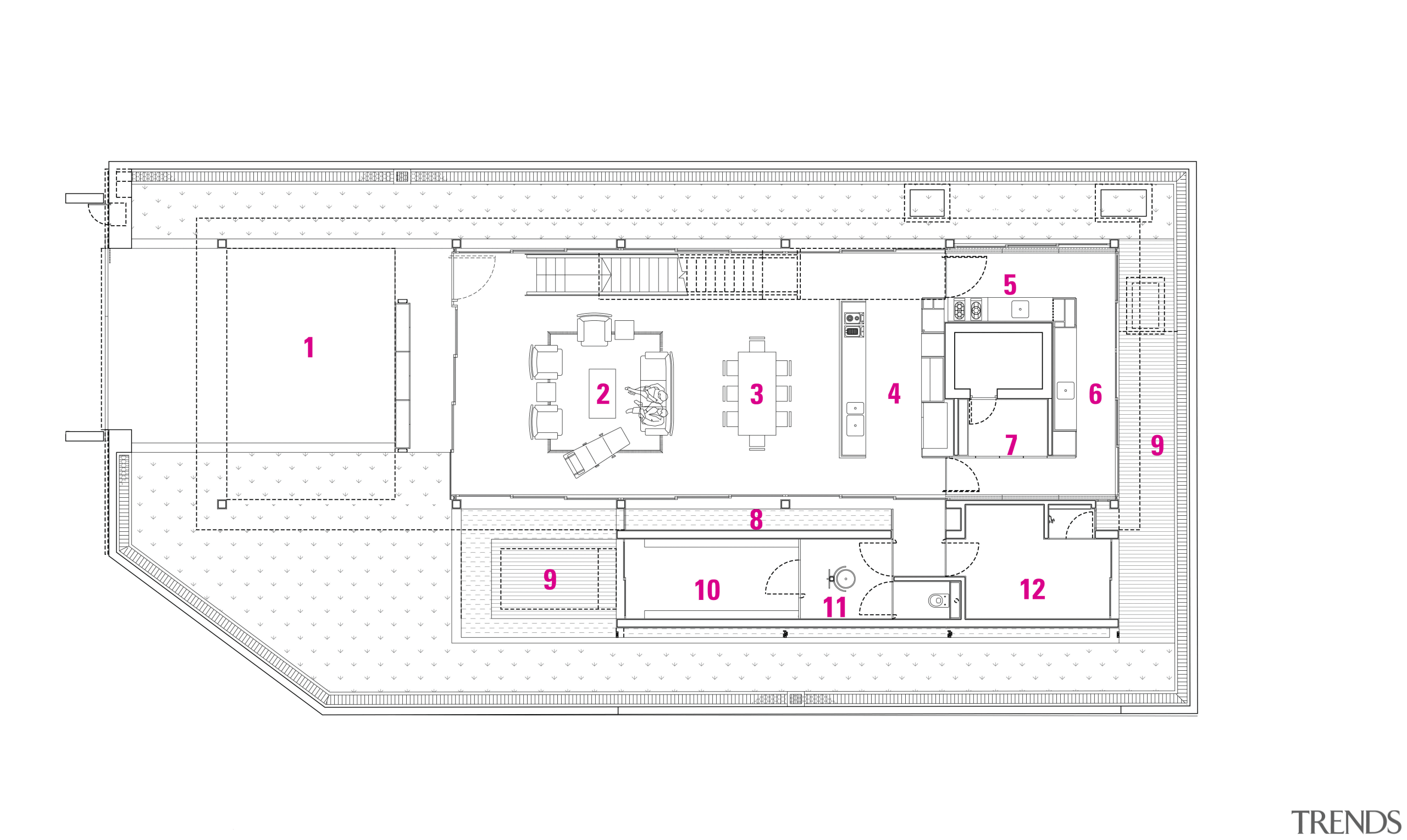 1 Driveway. 2 Living. 3 Dining. 4 Dry area, design, diagram, drawing, floor plan, line, plan, product, product design, structure, text, white