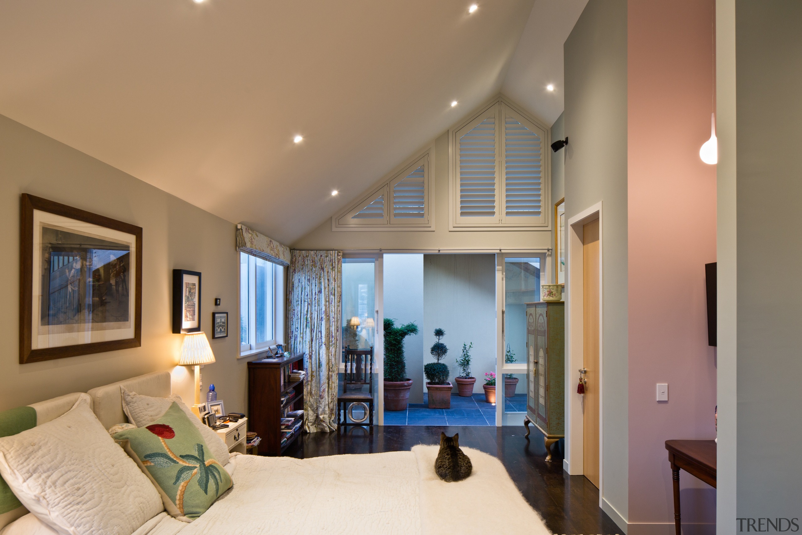 This master bedroom opens to a privarte courtyard. ceiling, estate, floor, home, interior design, living room, property, real estate, room, window, brown, orange