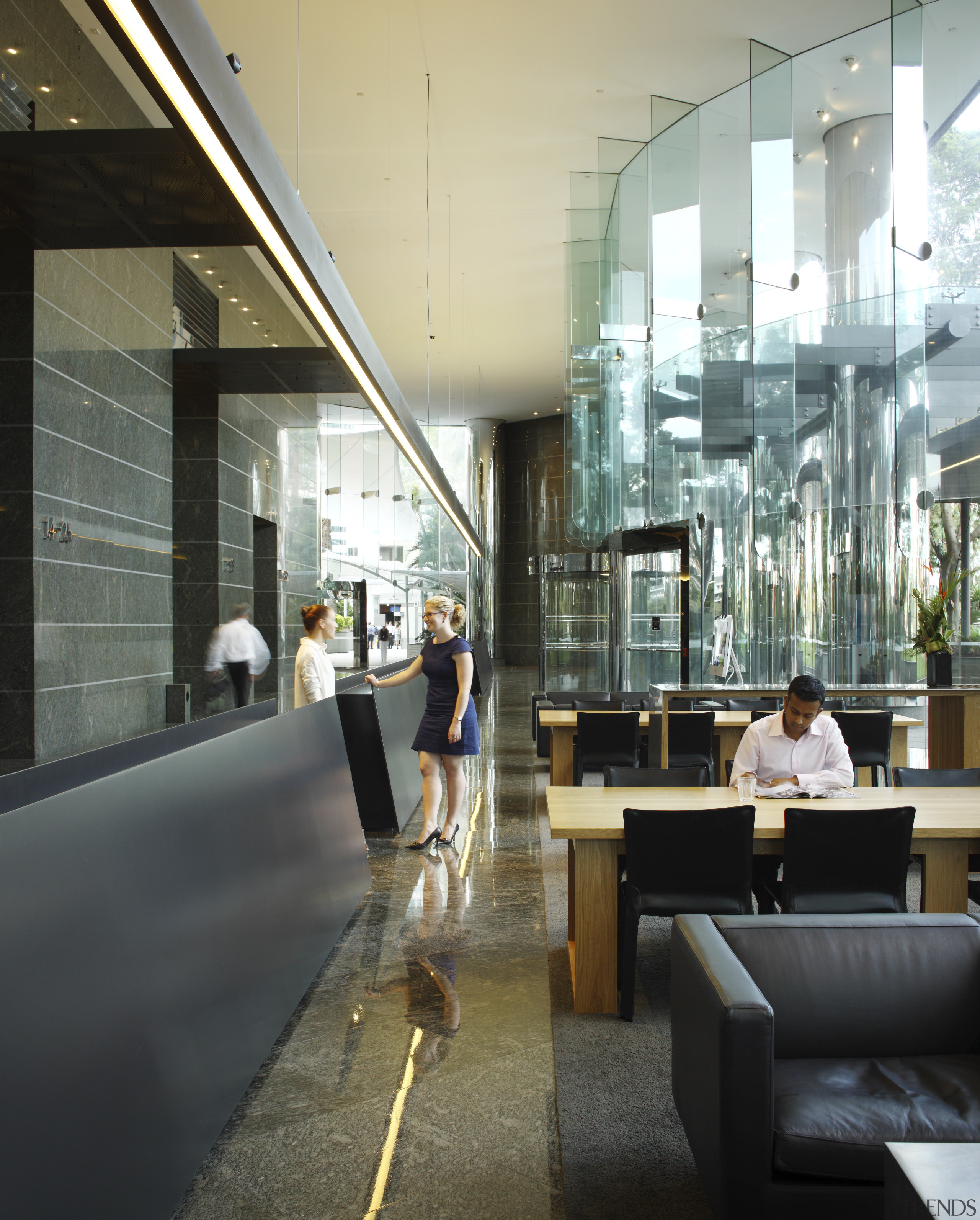 Seating area with black divider. - Seating area architecture, glass, interior design, lobby, black, gray