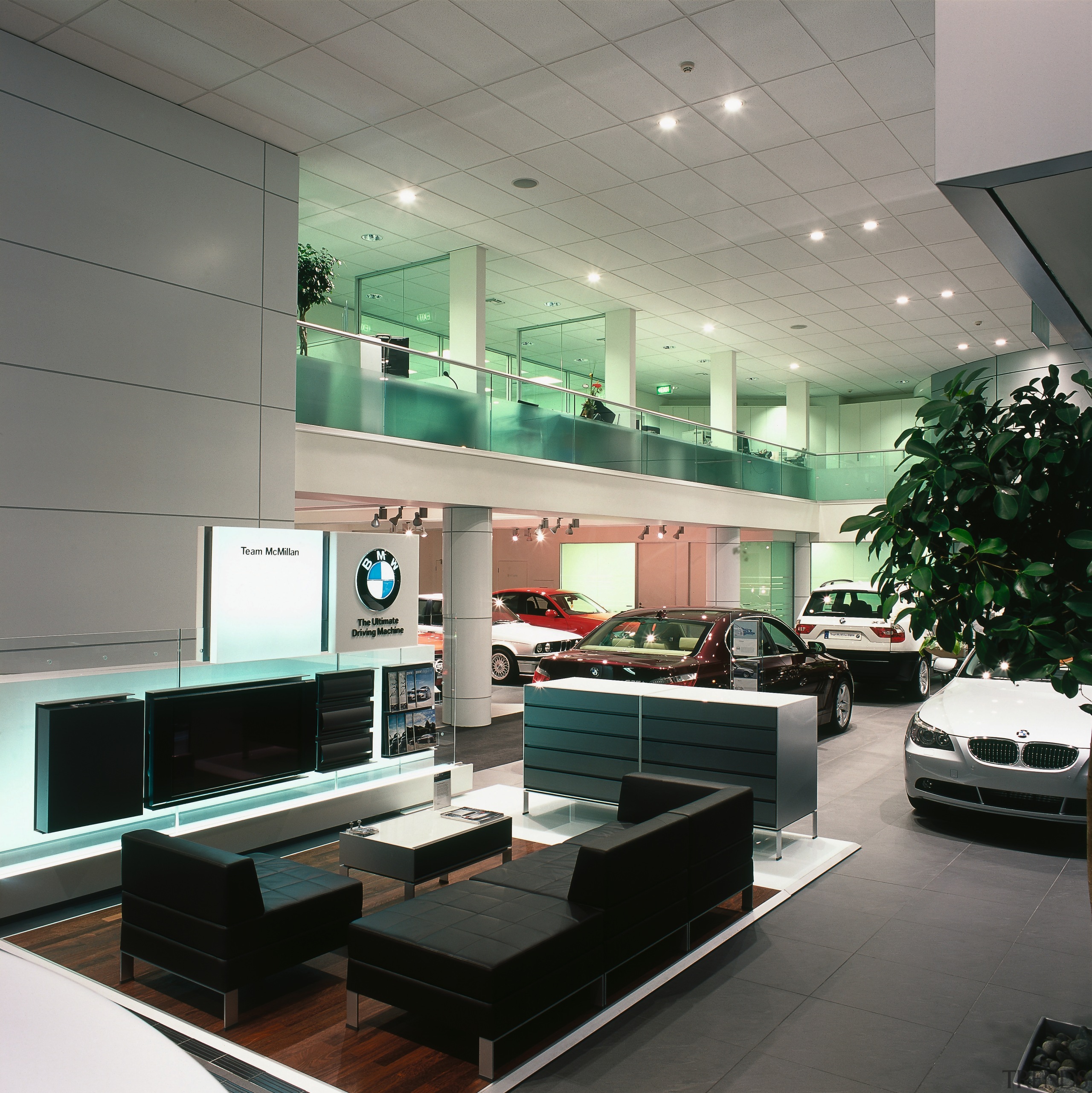 View of BMW showroom and waiting area. - ceiling, glass, interior design, gray, black