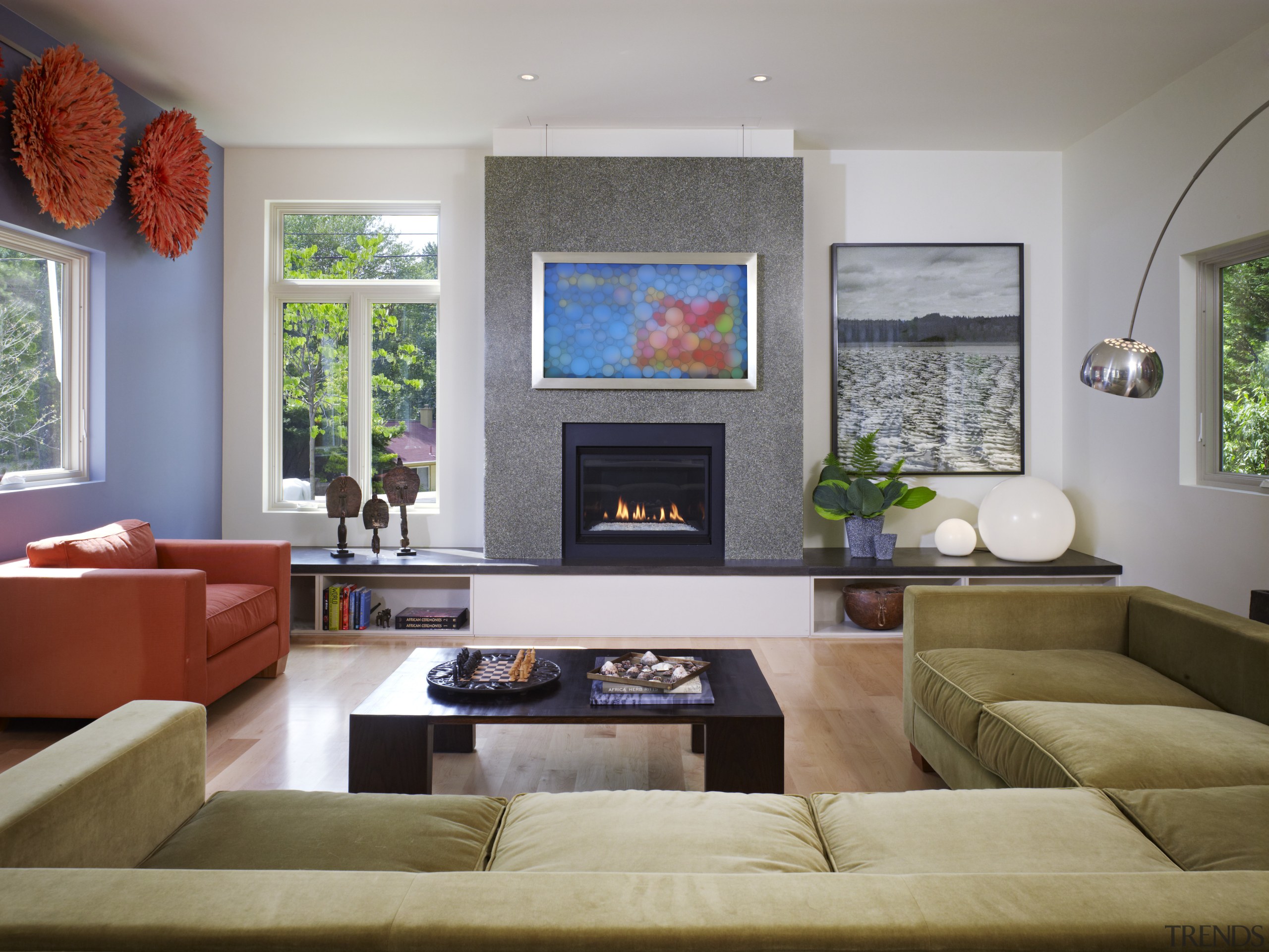 View of this contemporary remodeled home - View furniture, hearth, home, interior design, living room, room, wall, gray