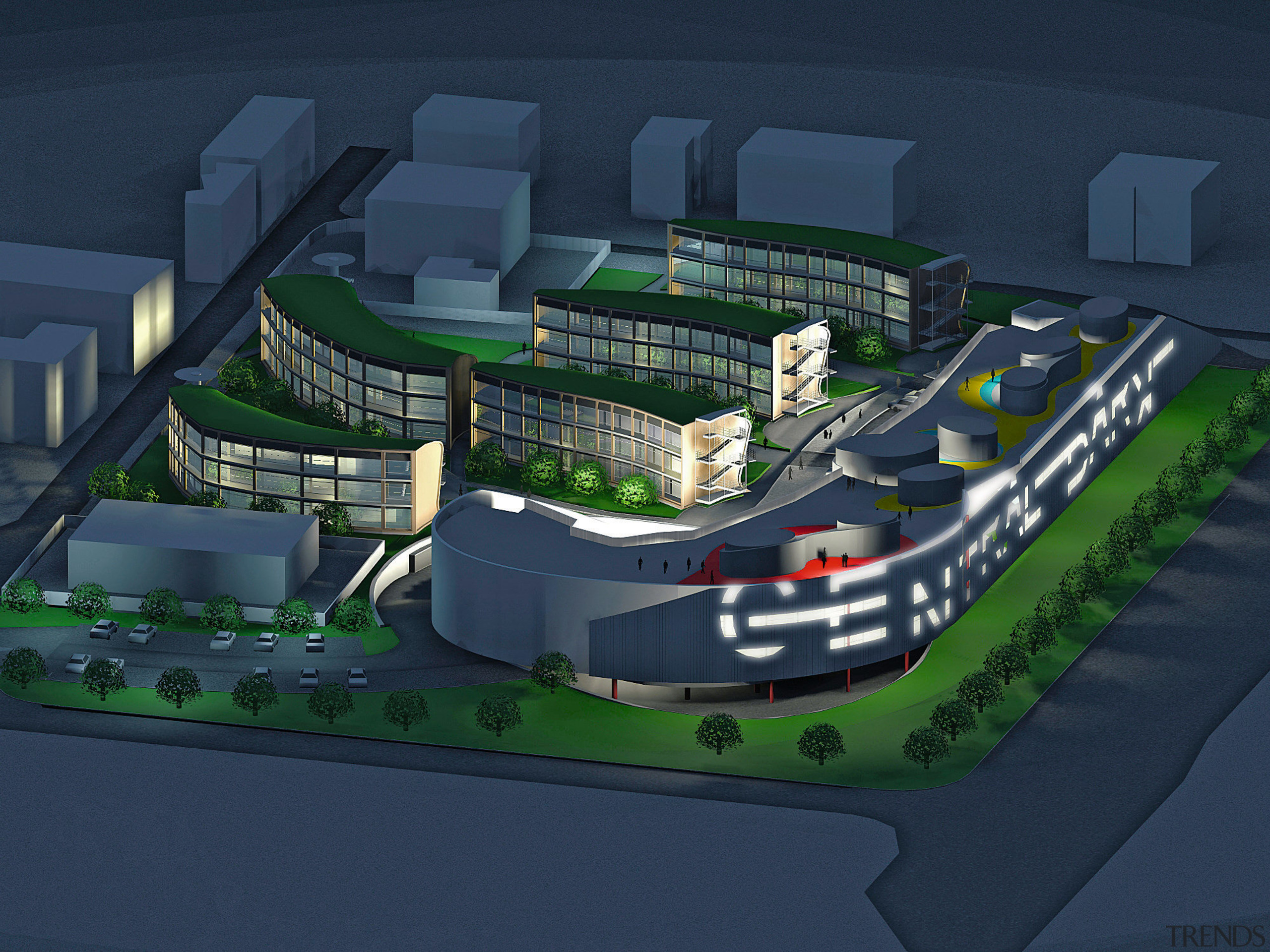 plan view of the proposed Schio Central Park architecture, bird's eye view, mixed use, residential area, sport venue, structure, urban design, blue